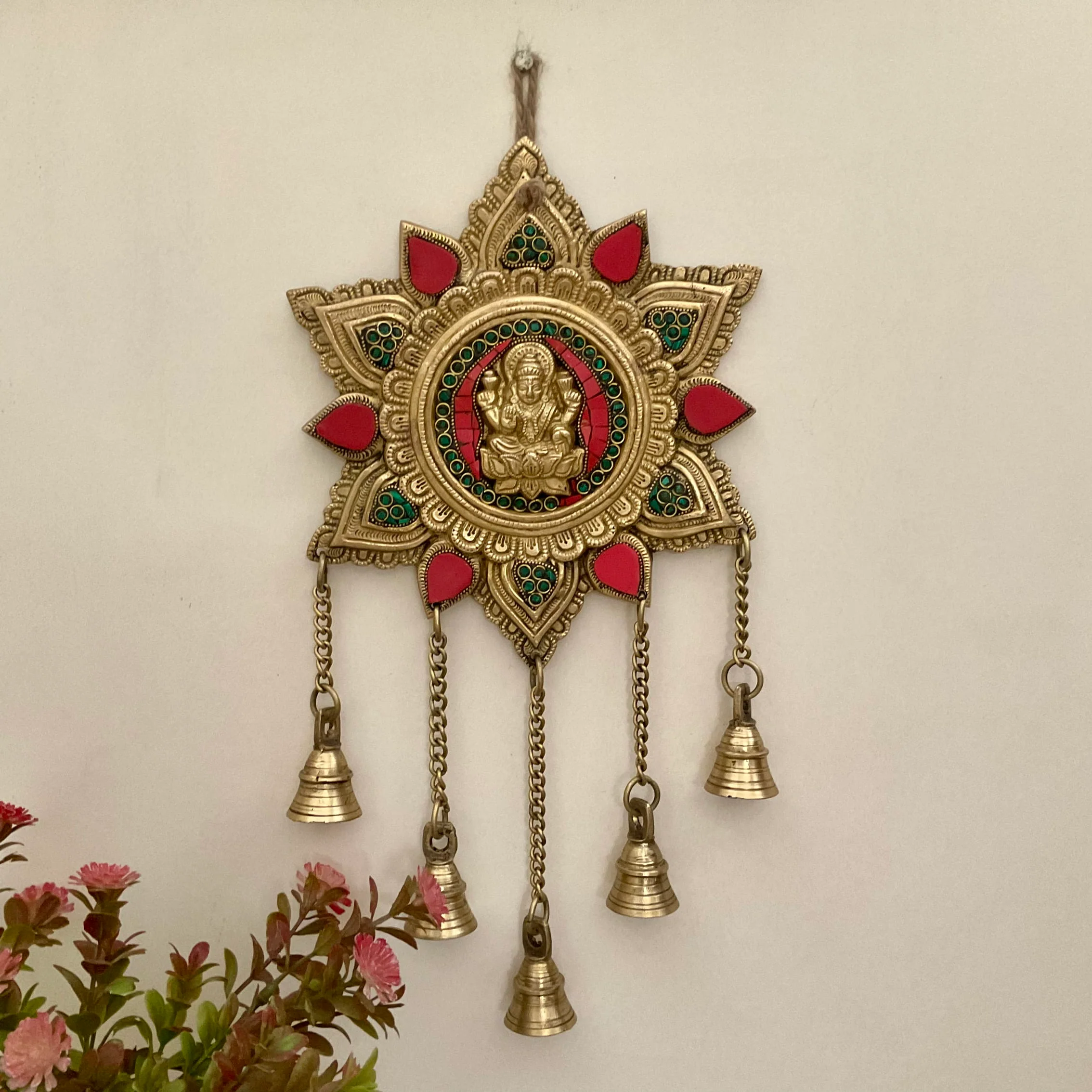 Lakshmi Wall Hanging Bell - Brass Stonework Decor