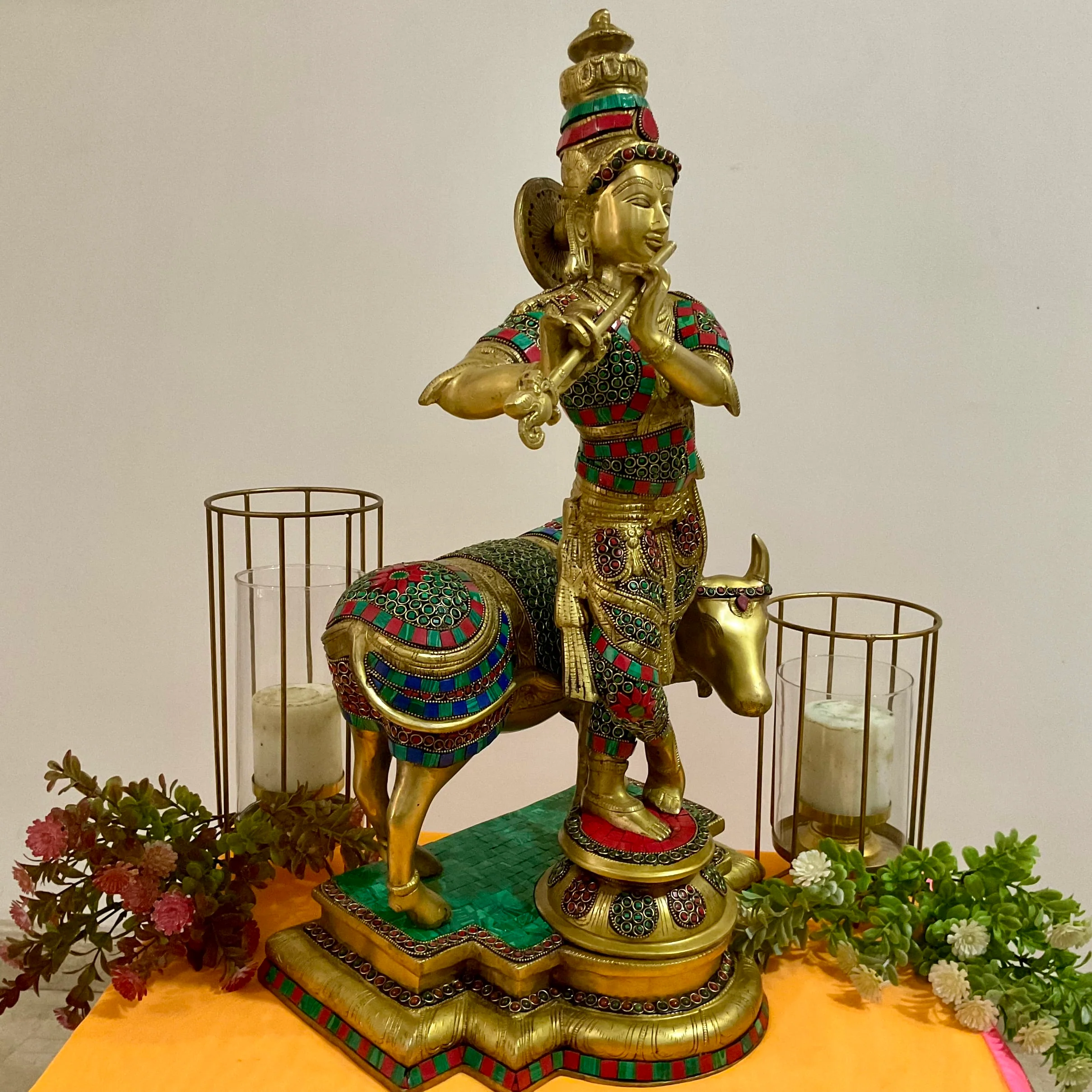 Lord Krishna Cow idol, 25 Inch Large Brass Stonework Statue for Home