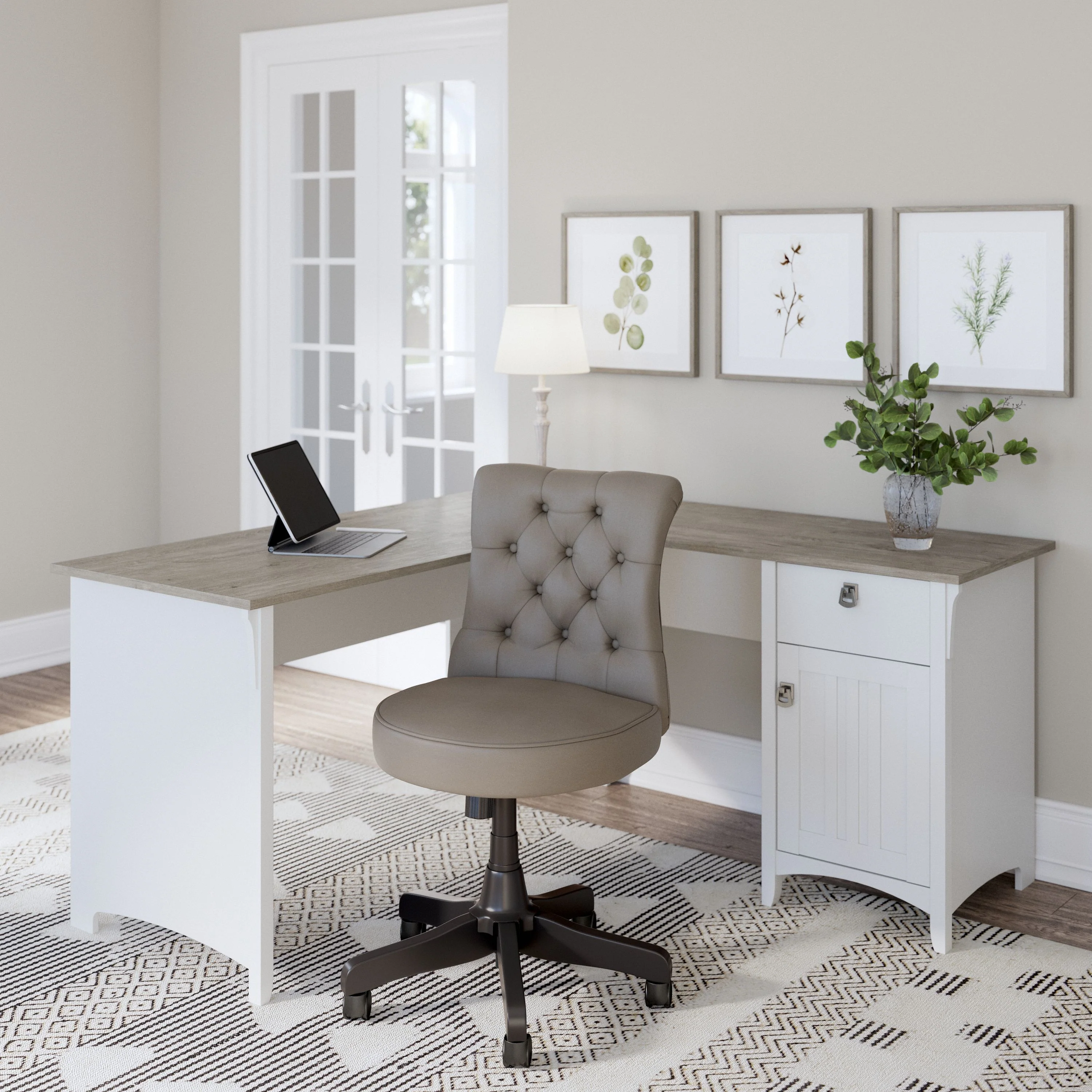 Salinas 60W L Shaped Desk with Mid Back Tufted Office Chair