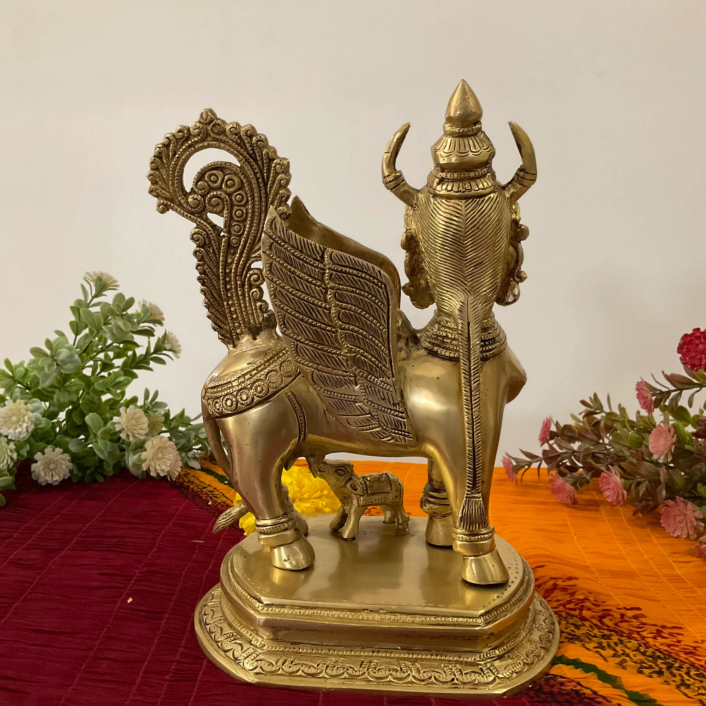 10 Inch Kamadhenu Cow Calf - Handmade Brass Statue -  Decorative Figurine