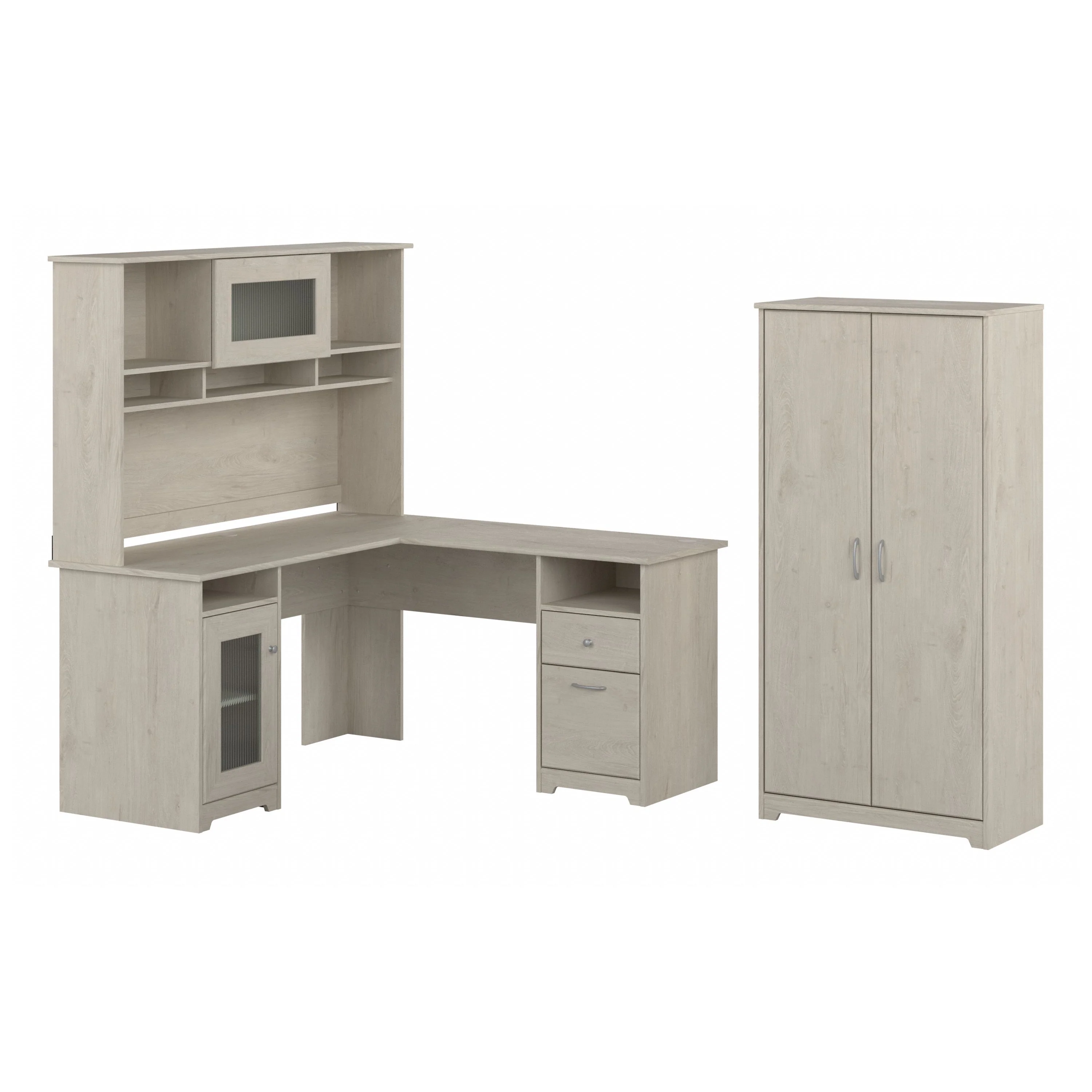 60W L Desk, Hutch, and 2 Door Tall Storage