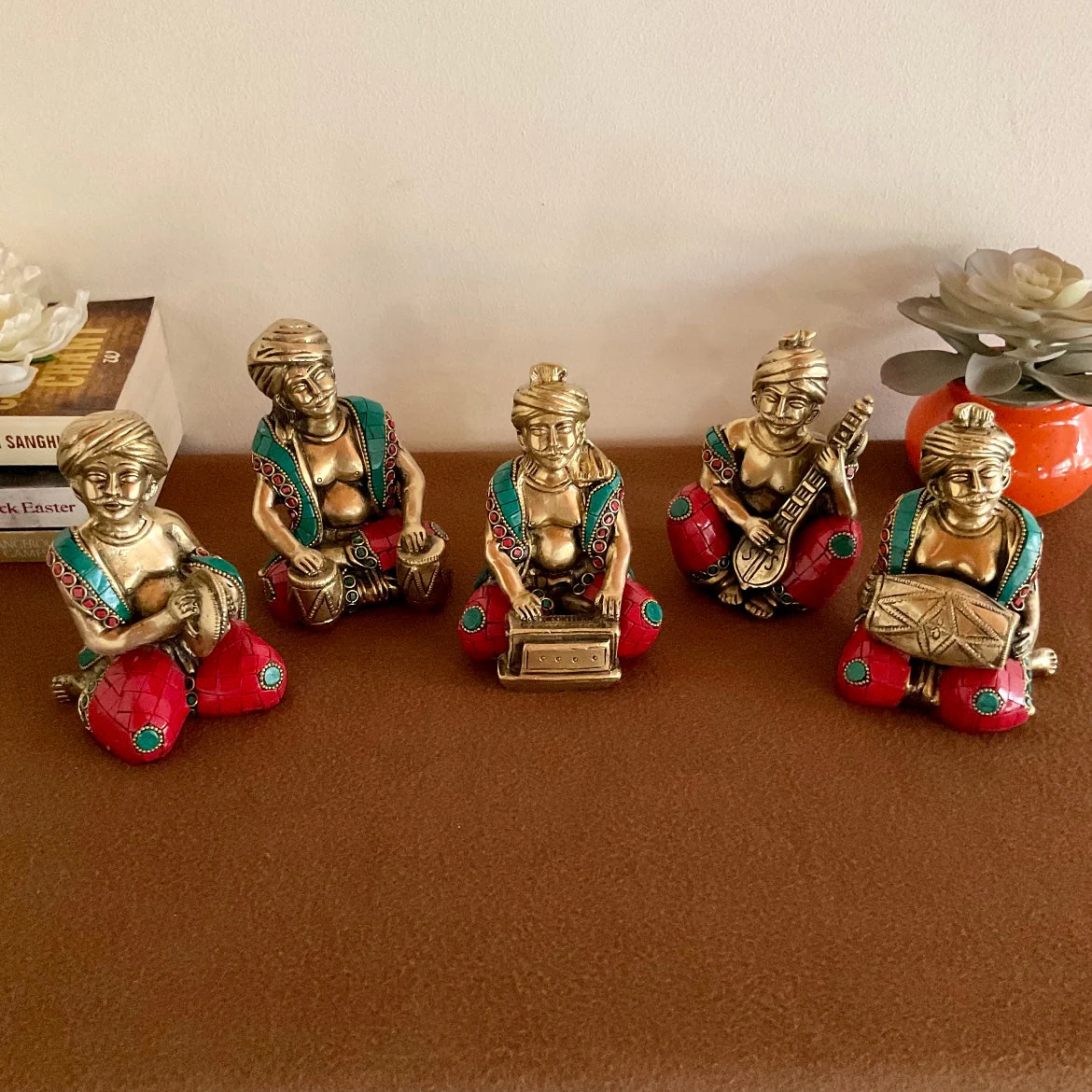 Brass Musician Decorative With Stonework(set of 5) - Table Decor