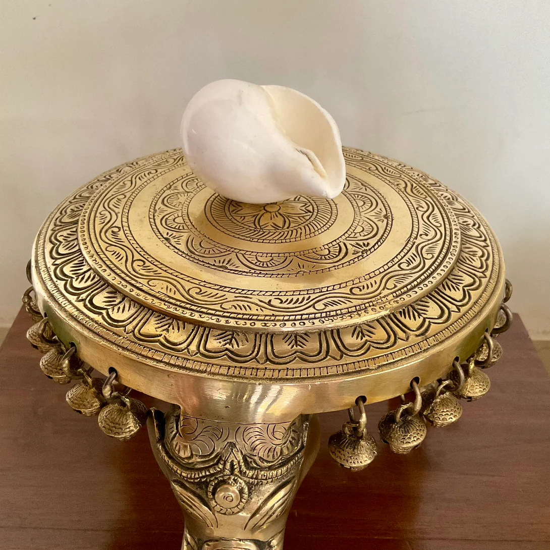 Elephant Brass Chowki With Bells For Idols And Pooja