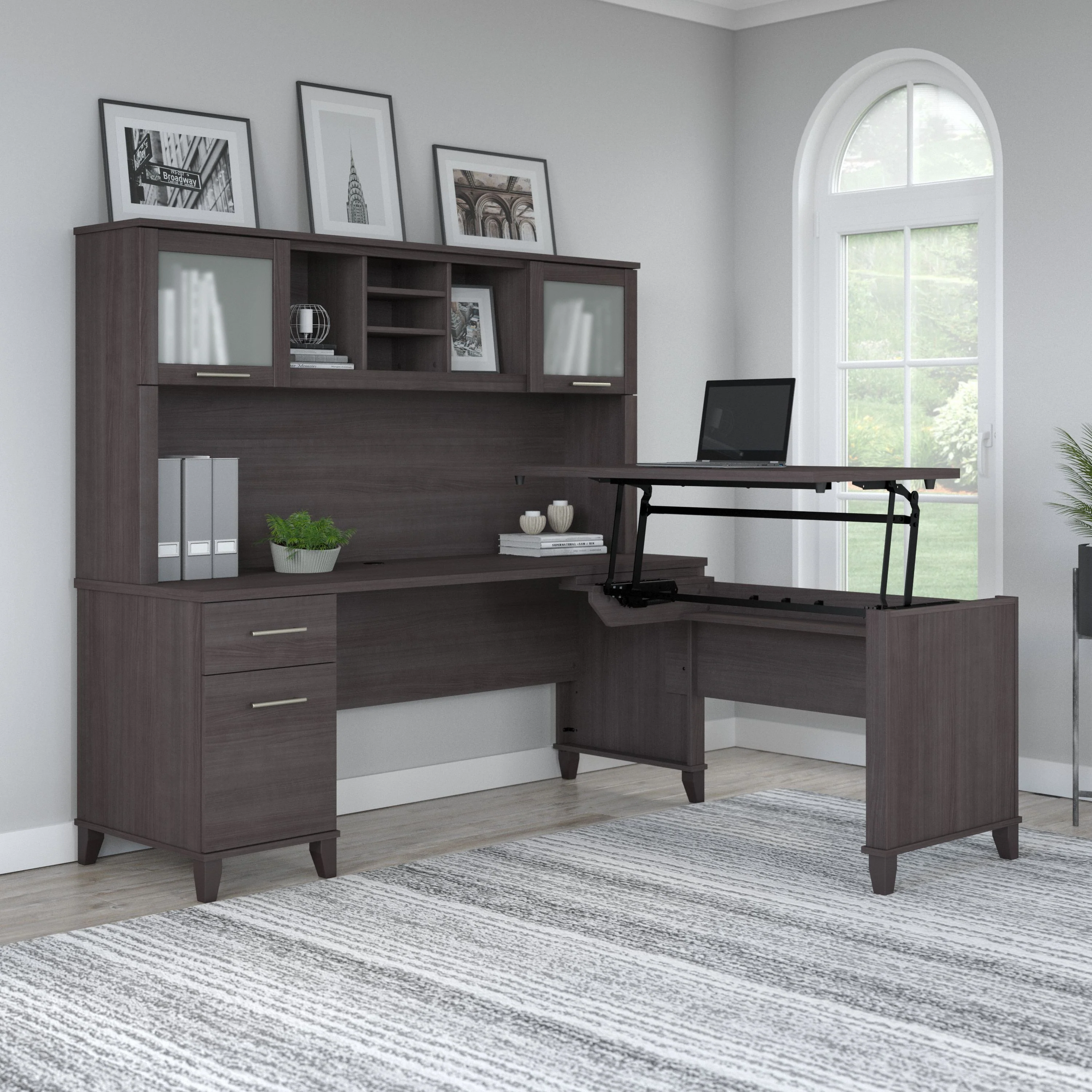 Somerset 72W 3 Position Sit to Stand L Shaped Desk with Hutch
