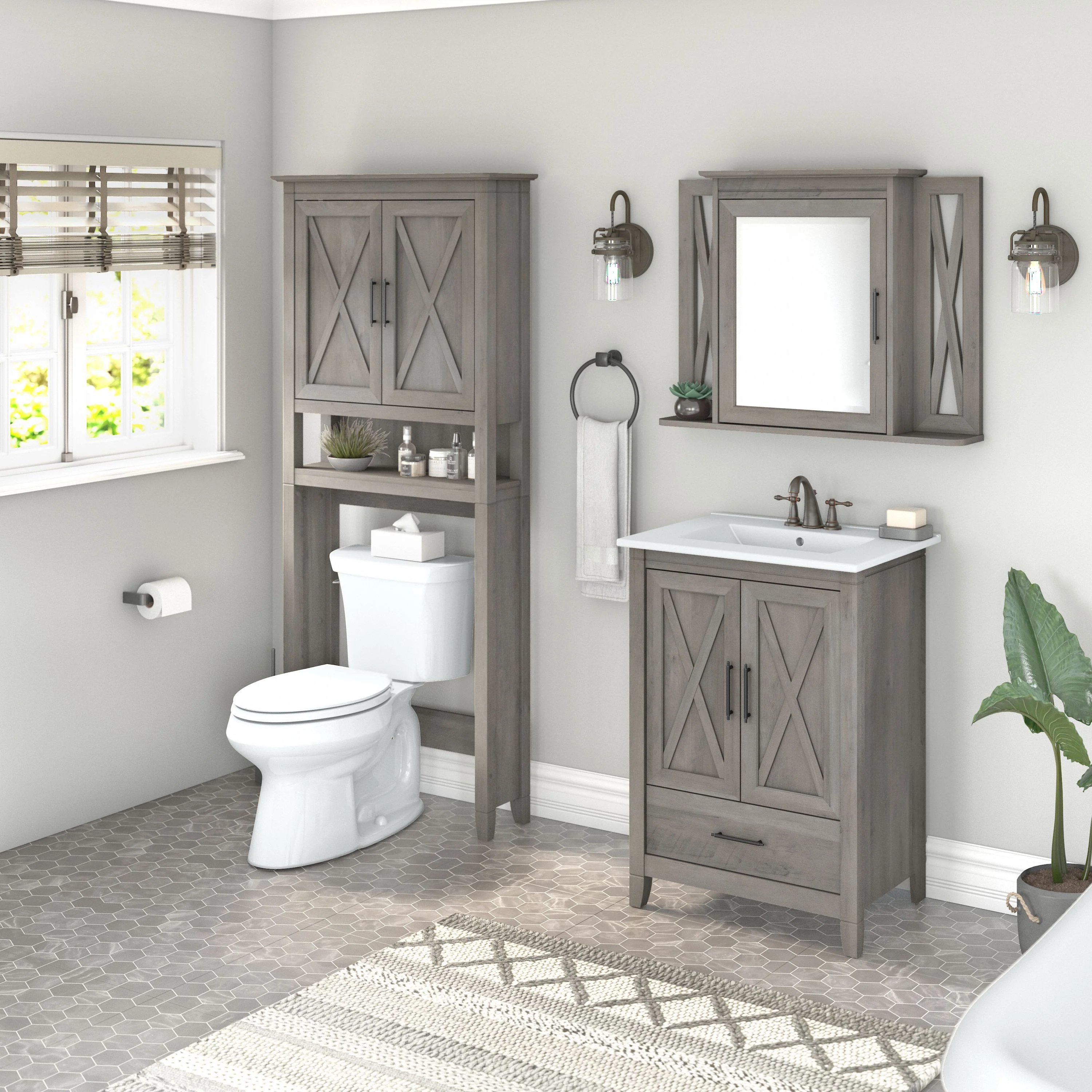 Key West 24W Bathroom Vanity Sink with Mirror and Over The Toilet Storage Cabinet