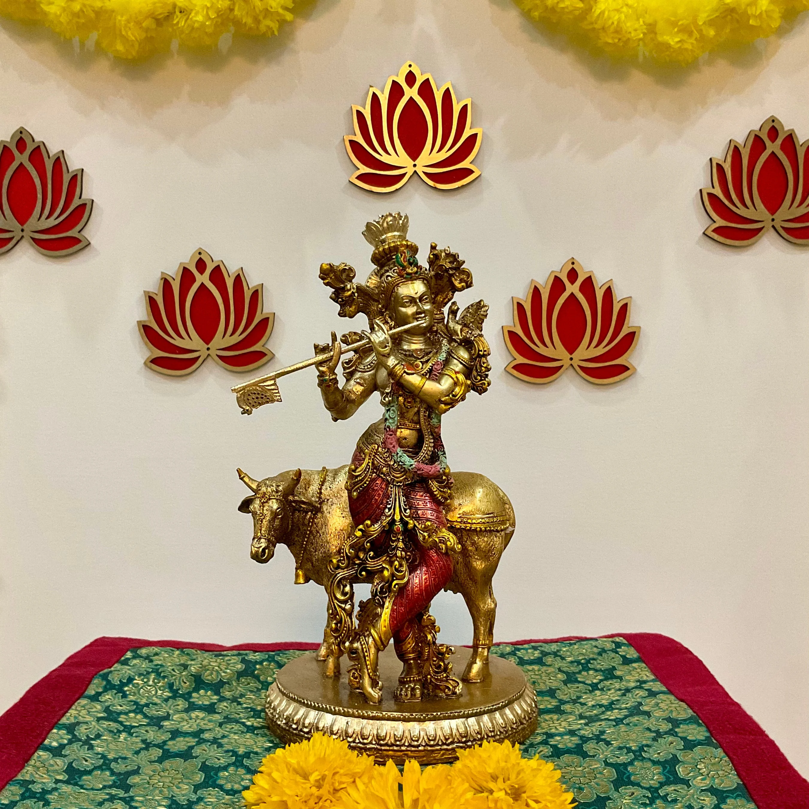 10 Inches Krishna Cow Statue Copper Finish Marble Dust Idol