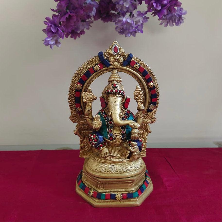 Lord Ganesh Brass Idol With Yali Prabhavali Stonework - Decorative Statue
