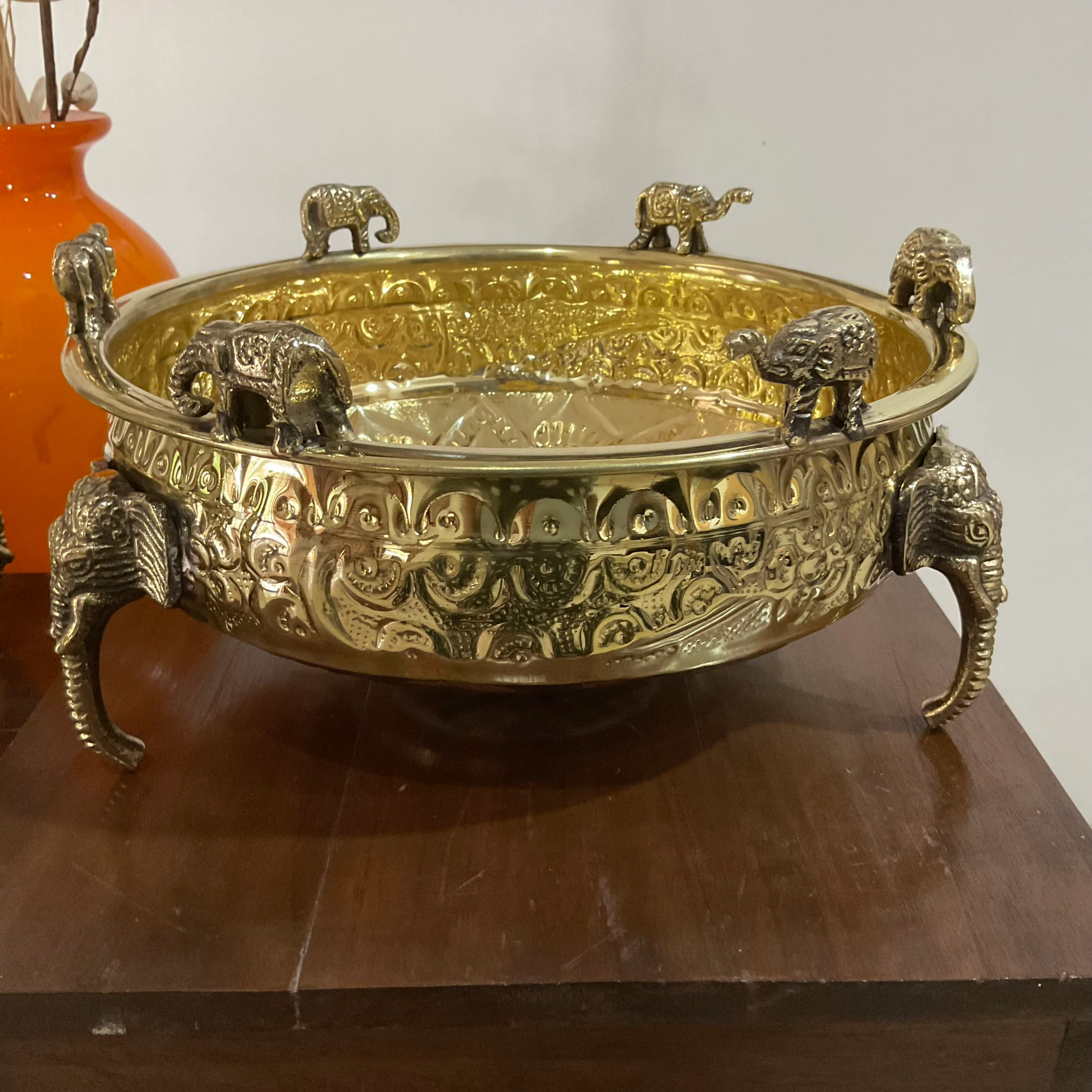 Brass Elephant Urli - 10 Inch Urli Bowl For Festive Decor