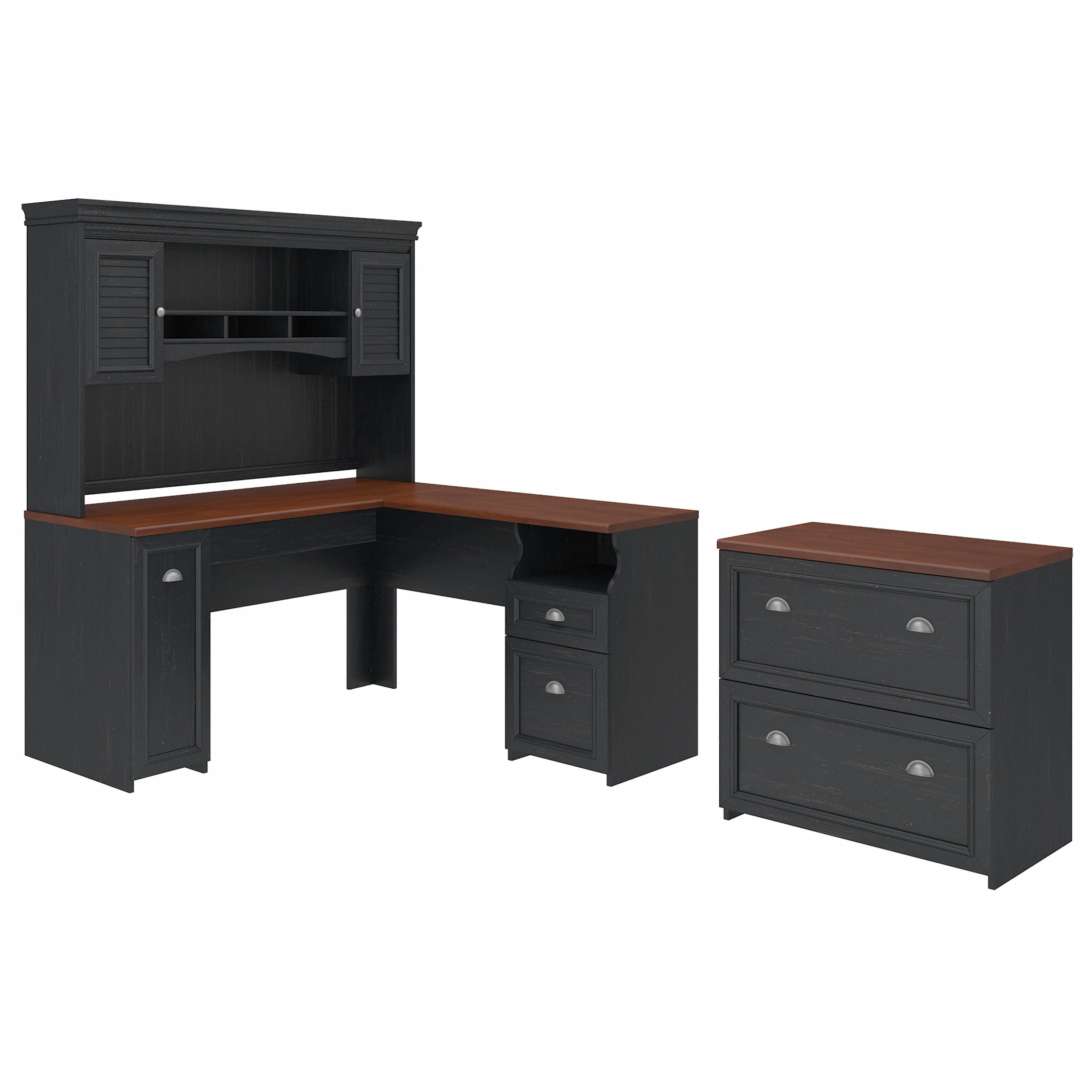 Fairview L Shaped Desk with Hutch and Lateral File Cabinet