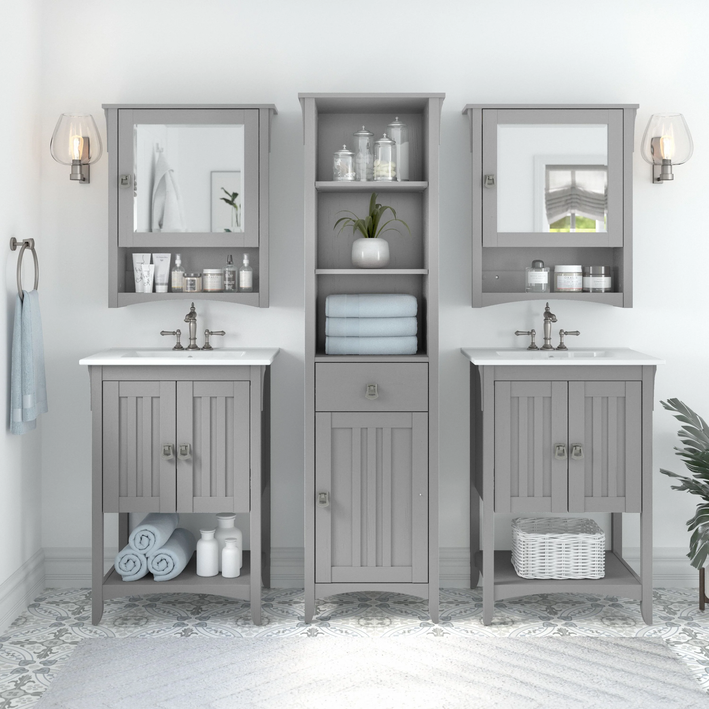 Salinas 48W Double Vanity Set with Sinks, Medicine Cabinets and Linen Tower