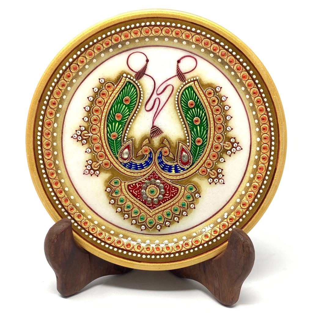 Gold Leaf Meenakari Jewelry Painting - 6 Inches Round Marble Plate - Handmade Home Decor