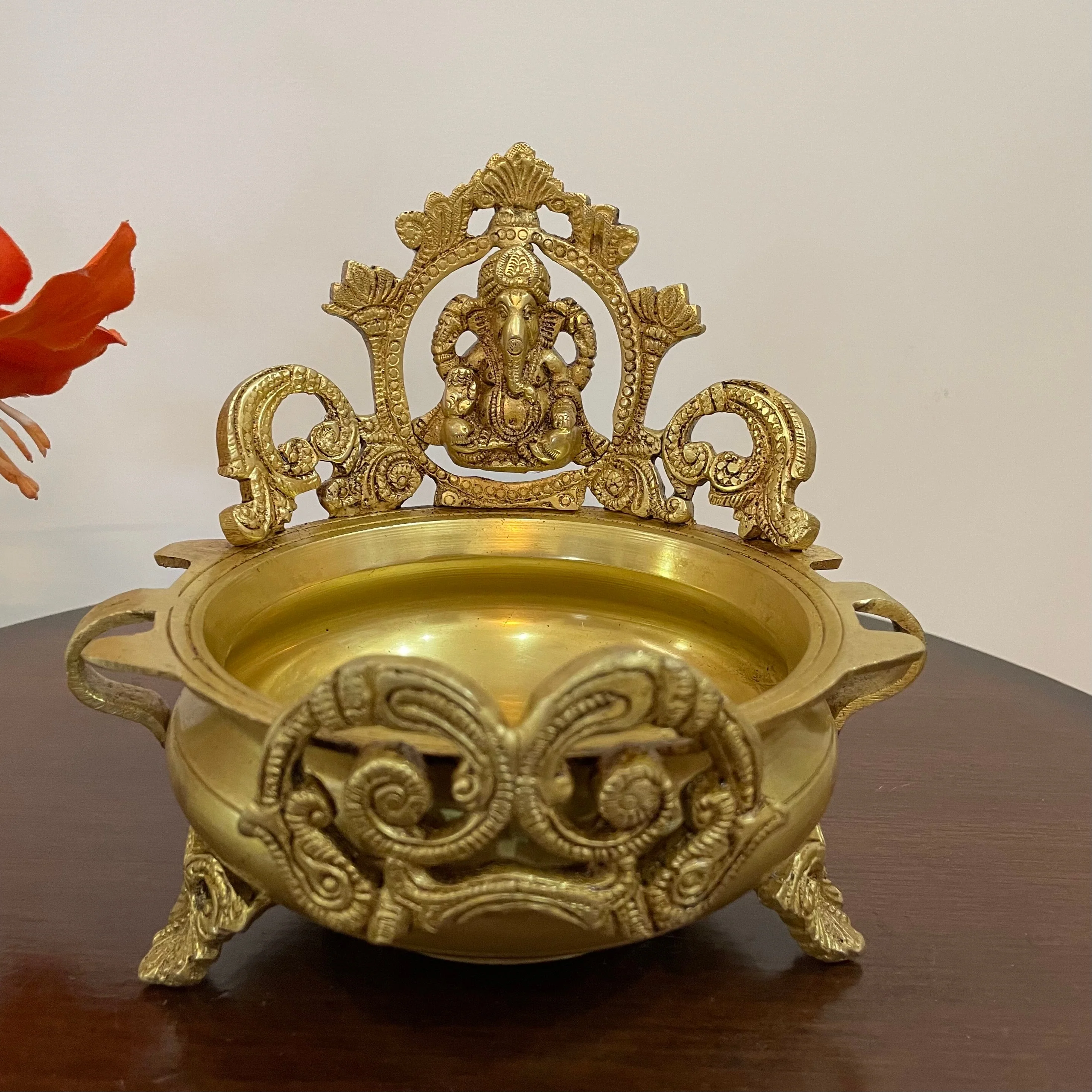 6 Inches Decorative Brass Urli With Lord Ganesha - Ganesha Urli Bowl For Festive Decor
