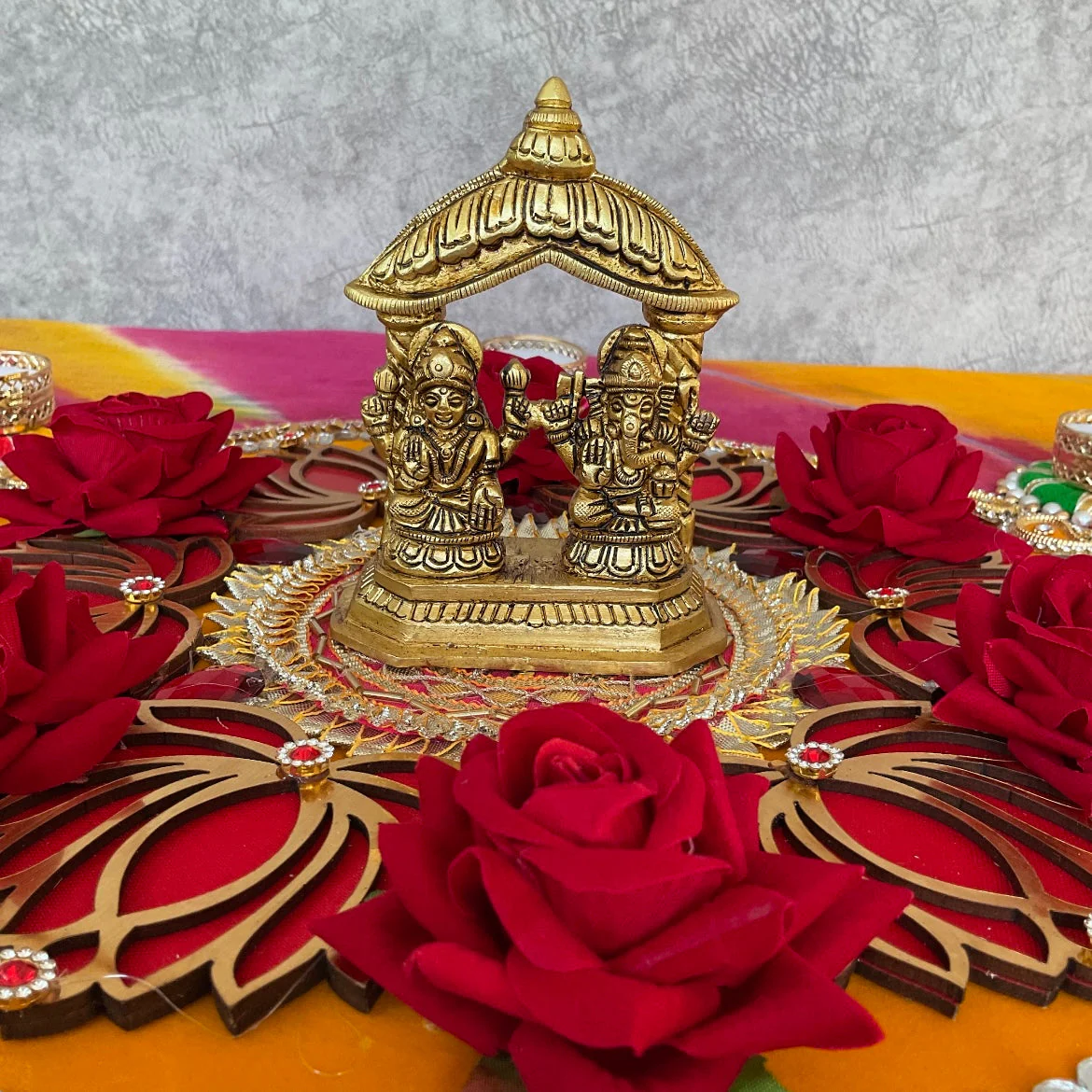 Lakshmi Ganesh Temple Brass Idol  & Decorative Plate With Tea Light Holder - Decorative Home Decor