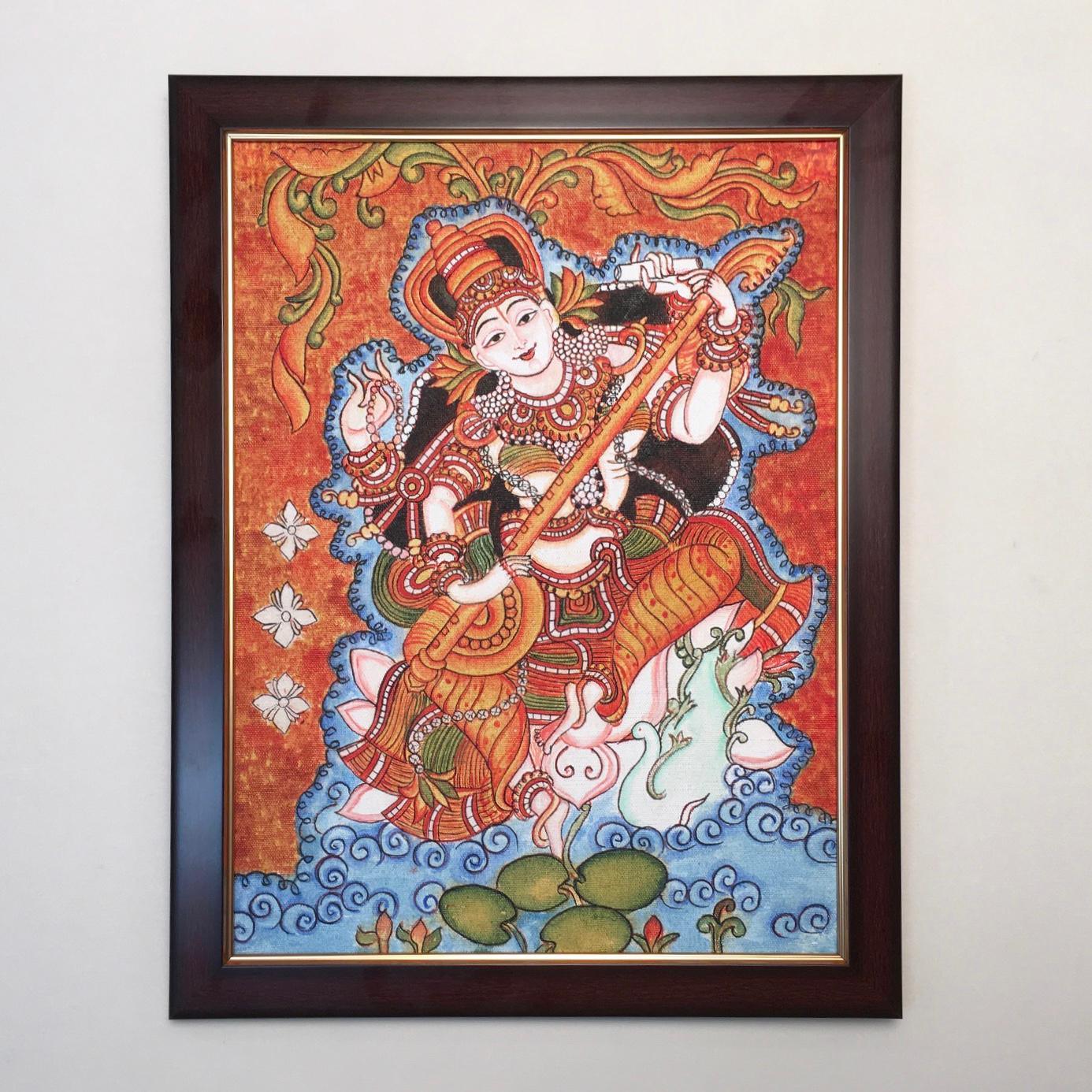 Goddess Saraswati Kerala Mural - Handpainted Wall Decor