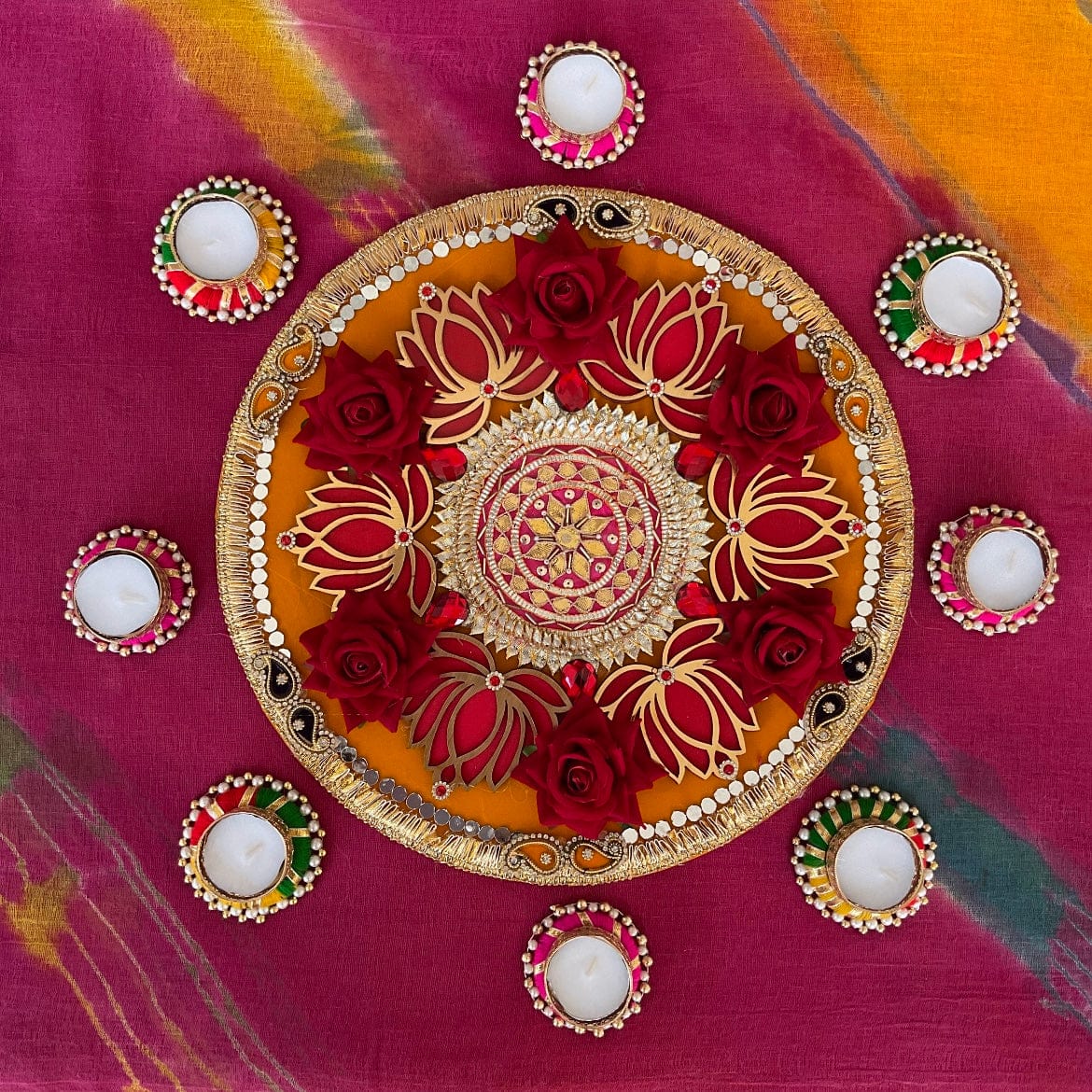 Pichwai Cow Lotus & Frills Wall Decor With Decorative Plate & Tea Light (Set of 18) - Festive Decoration Wall Hanging