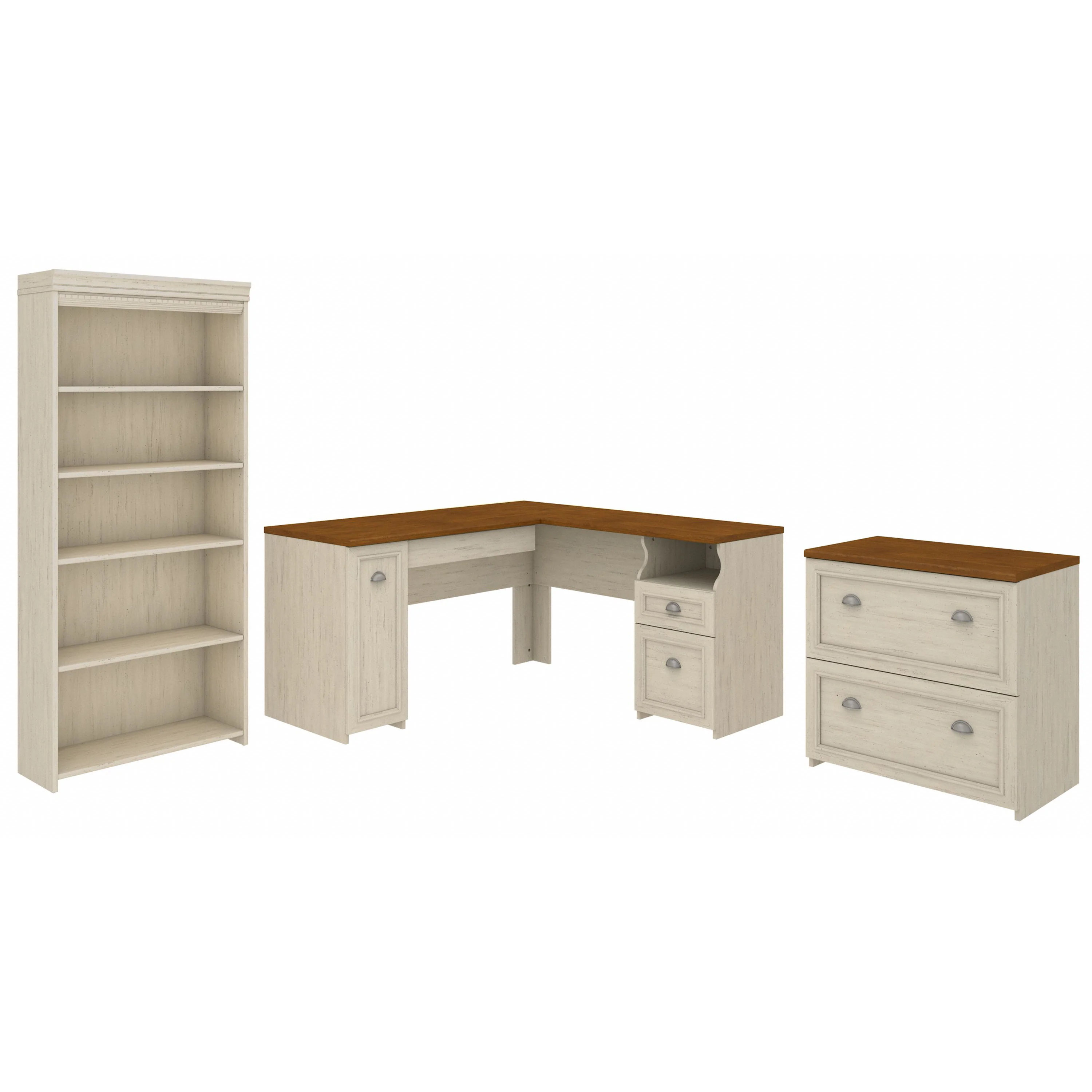 Fairview 60W L Shaped Desk with Lateral File Cabinet and 5 Shelf Bookcase