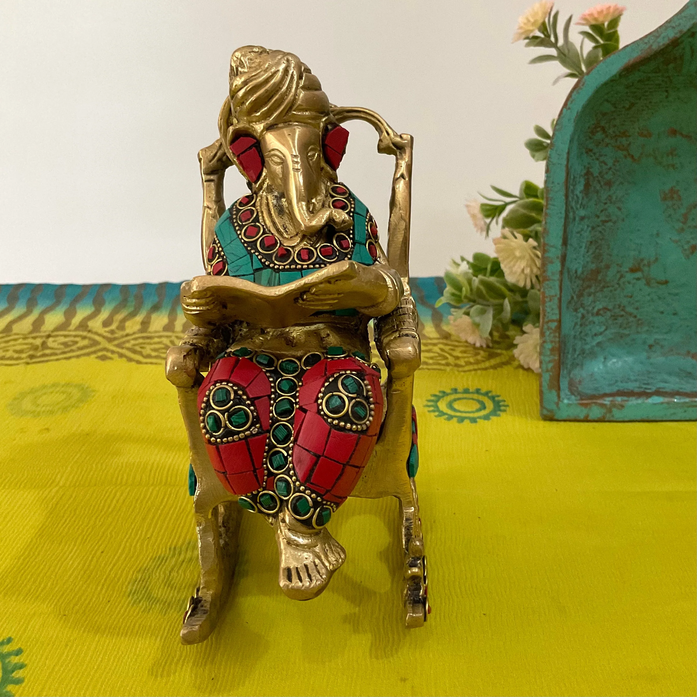 6 Inch Rocking Lord Ganesh Brass Idol - handcrafted Stonework - Ganpati Decorative Statue for Home Decor - Housewarming Gift