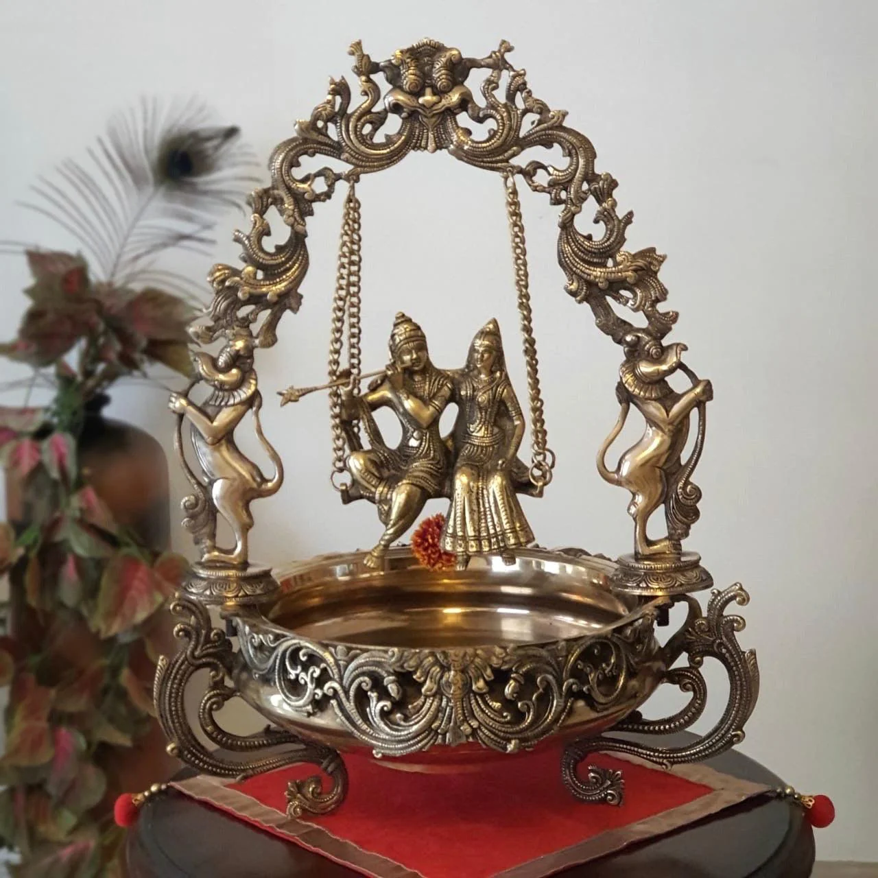 Radha Krishna Swing Decorative Brass Urli