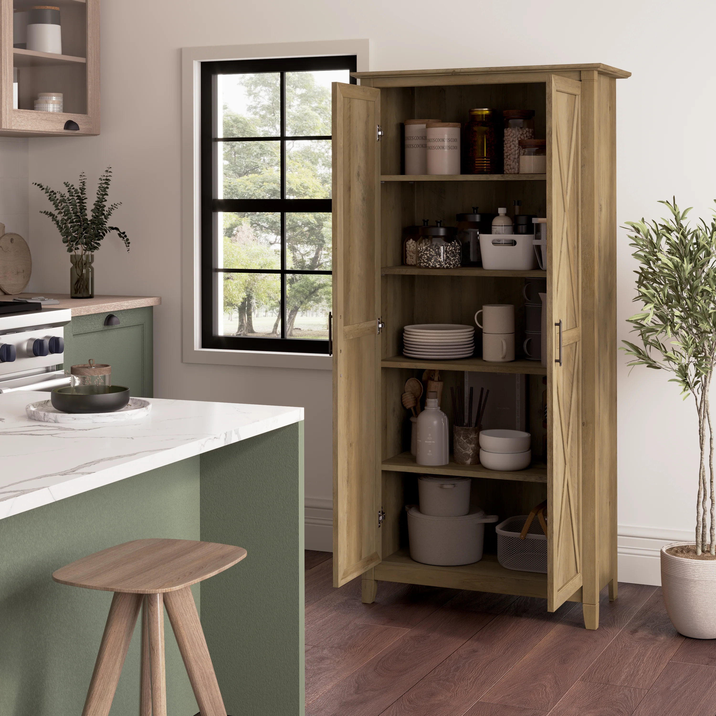 Key West Tall Kitchen Pantry Cabinet with Doors and Shelves
