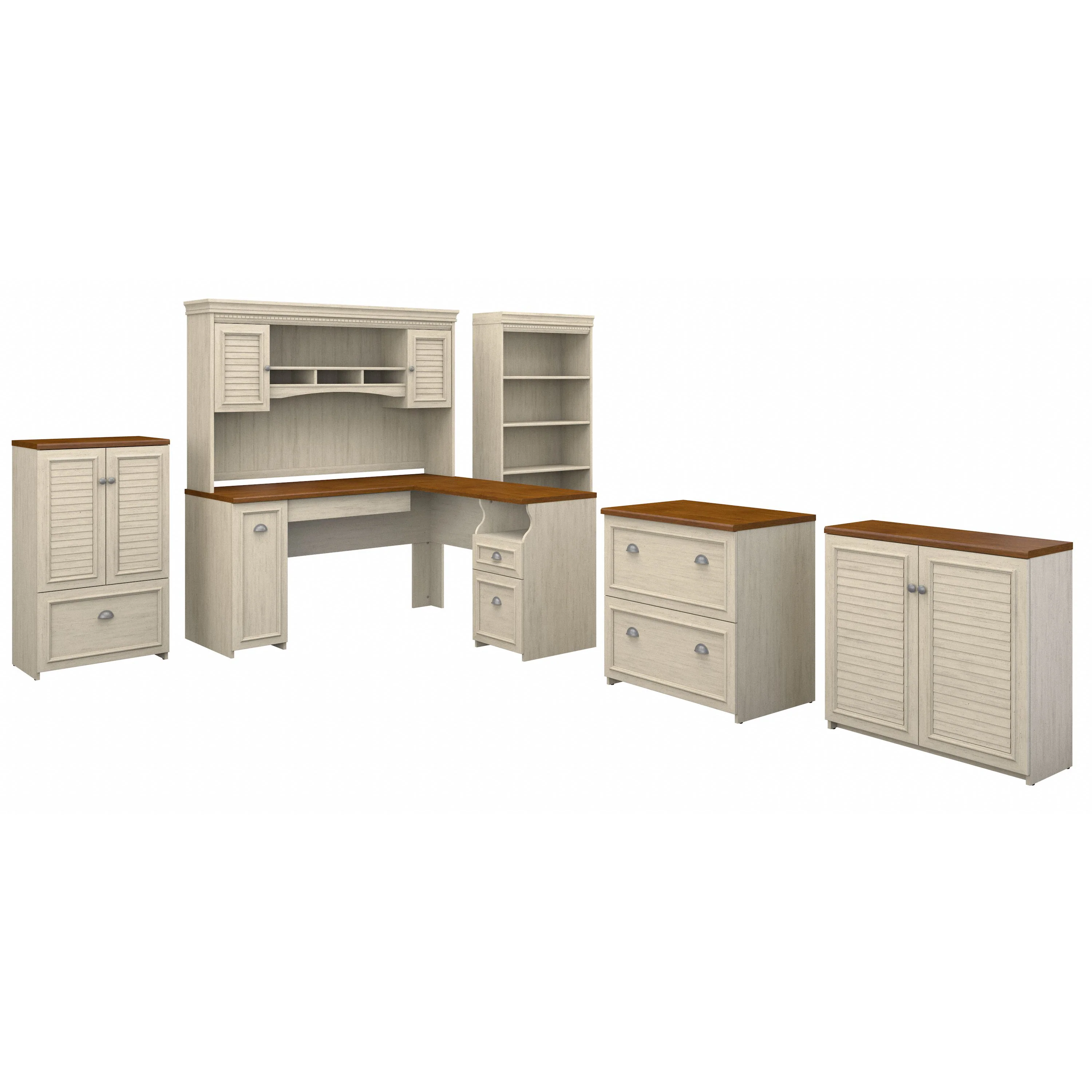 Fairview 60W L Shaped Desk with Hutch, Bookcase, Storage and File Cabinets