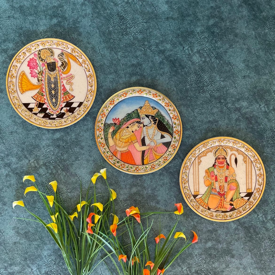 Radha krishna, Hanumanji & Shrinathji Marble Plates - Wall Hanging - Decorative Round Marble Plate