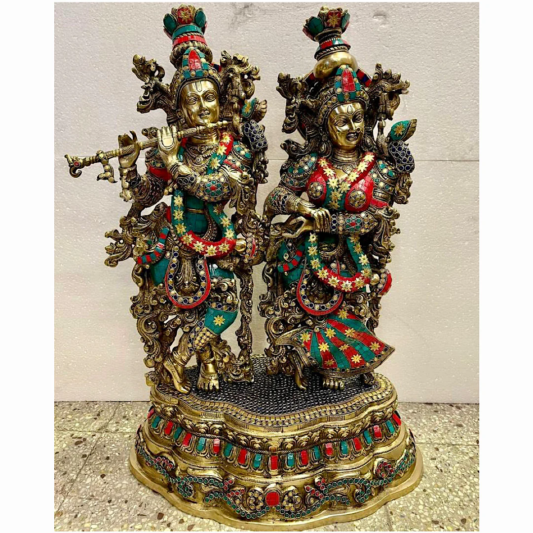29 Inches Radha Krishna Brass Stonework Statue Idol