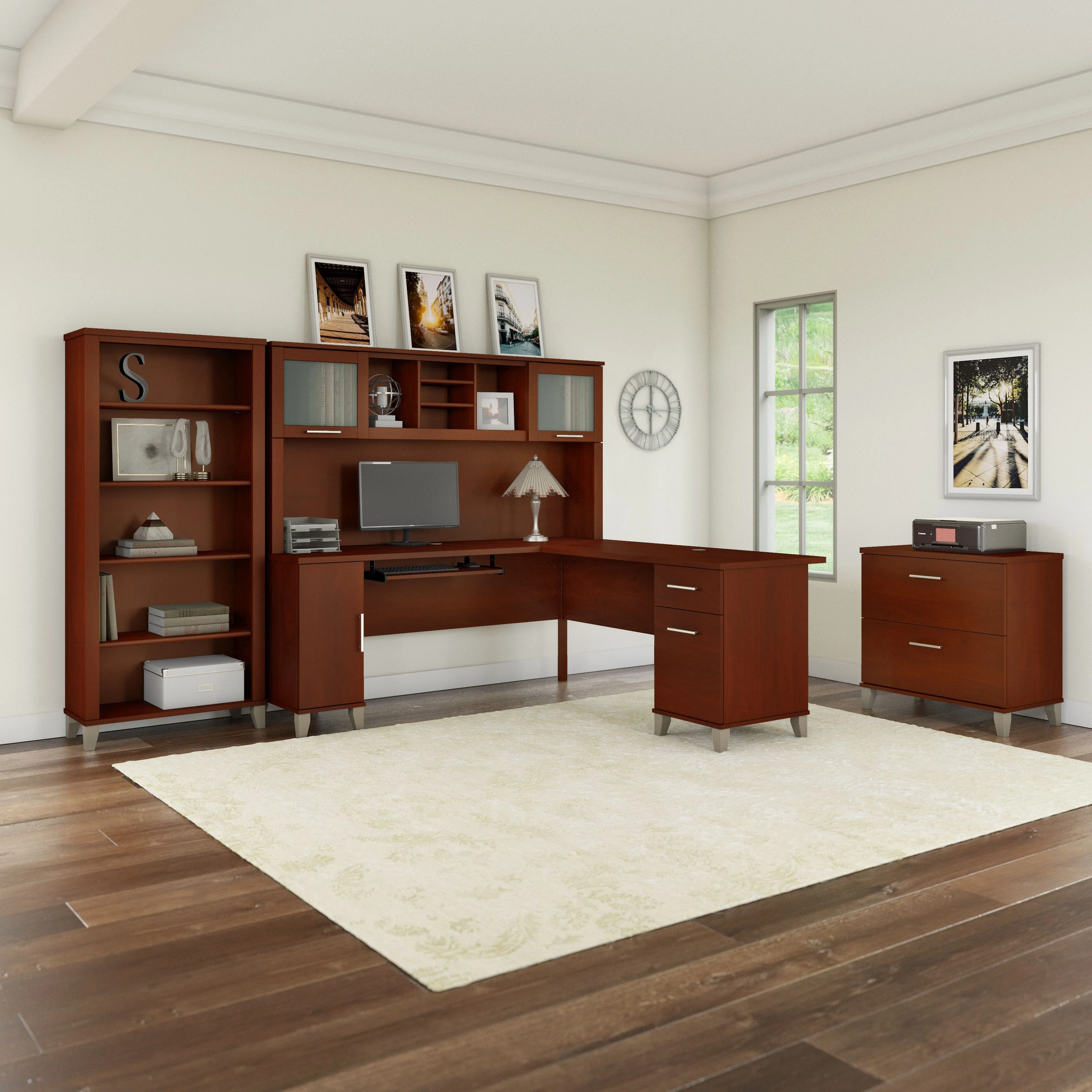 Somerset 72W L Shaped Desk with Hutch, Lateral File Cabinet and Bookcase