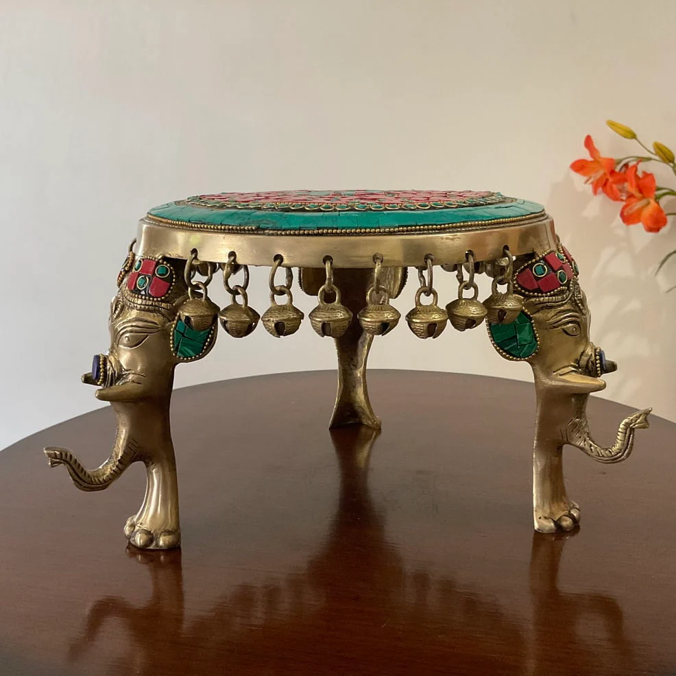 Elephant Brass Stonework Chowki With Bells For Idols And Pooja