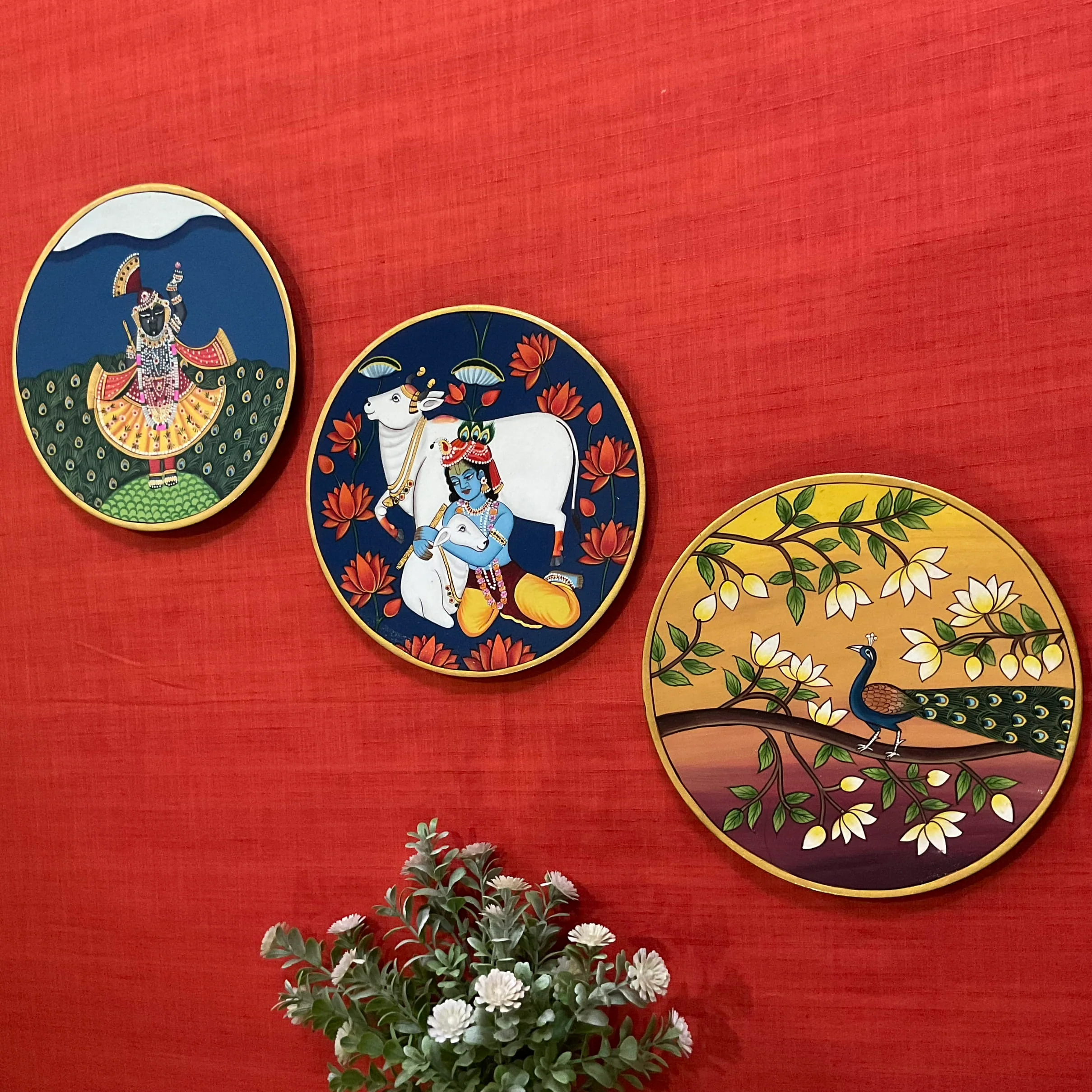 Krishna, Shrinathji Peacock Pichwai Wall Hanging - Decorative Round Plate