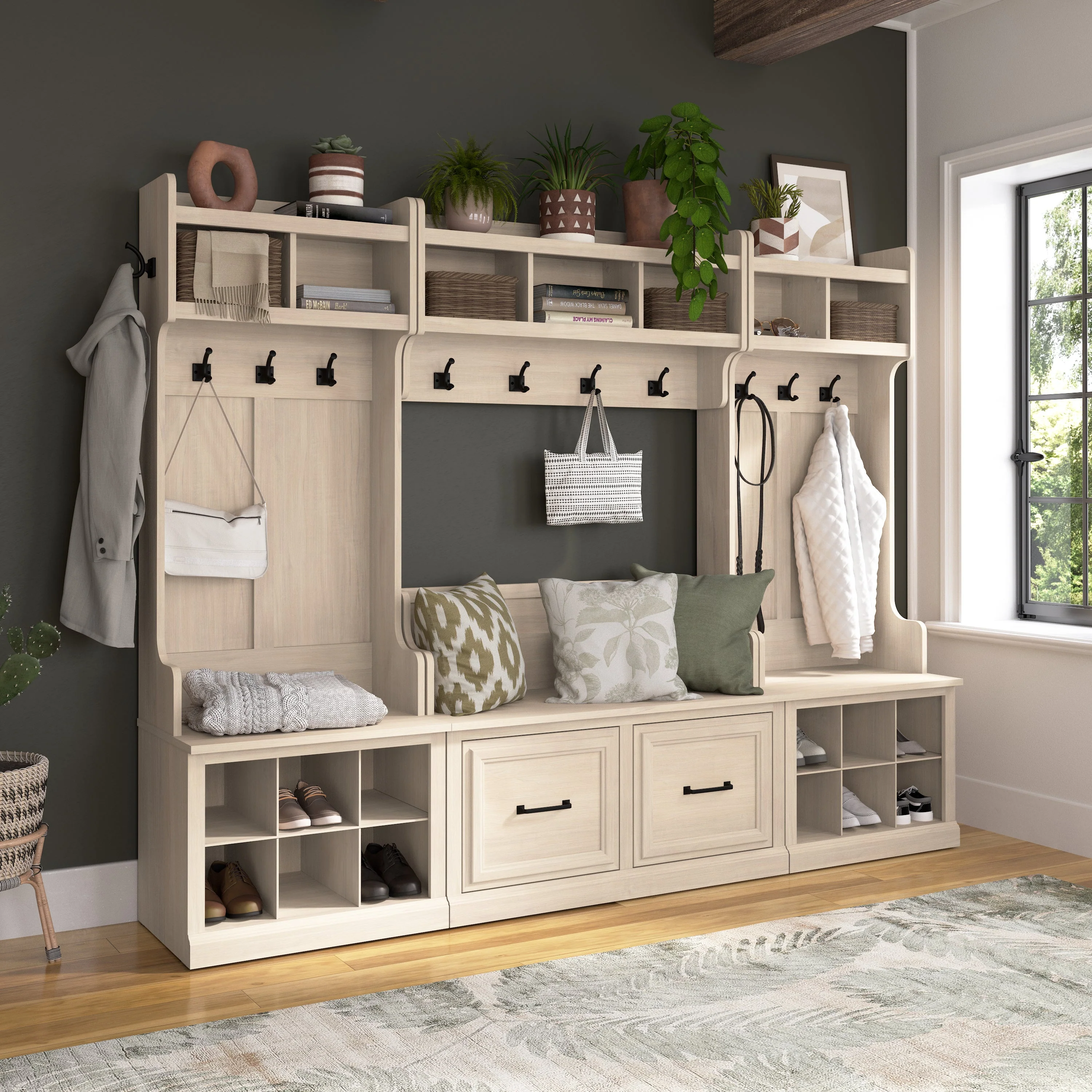 Woodland Entryway Storage Set with Hall Trees and Shoe Bench with Doors