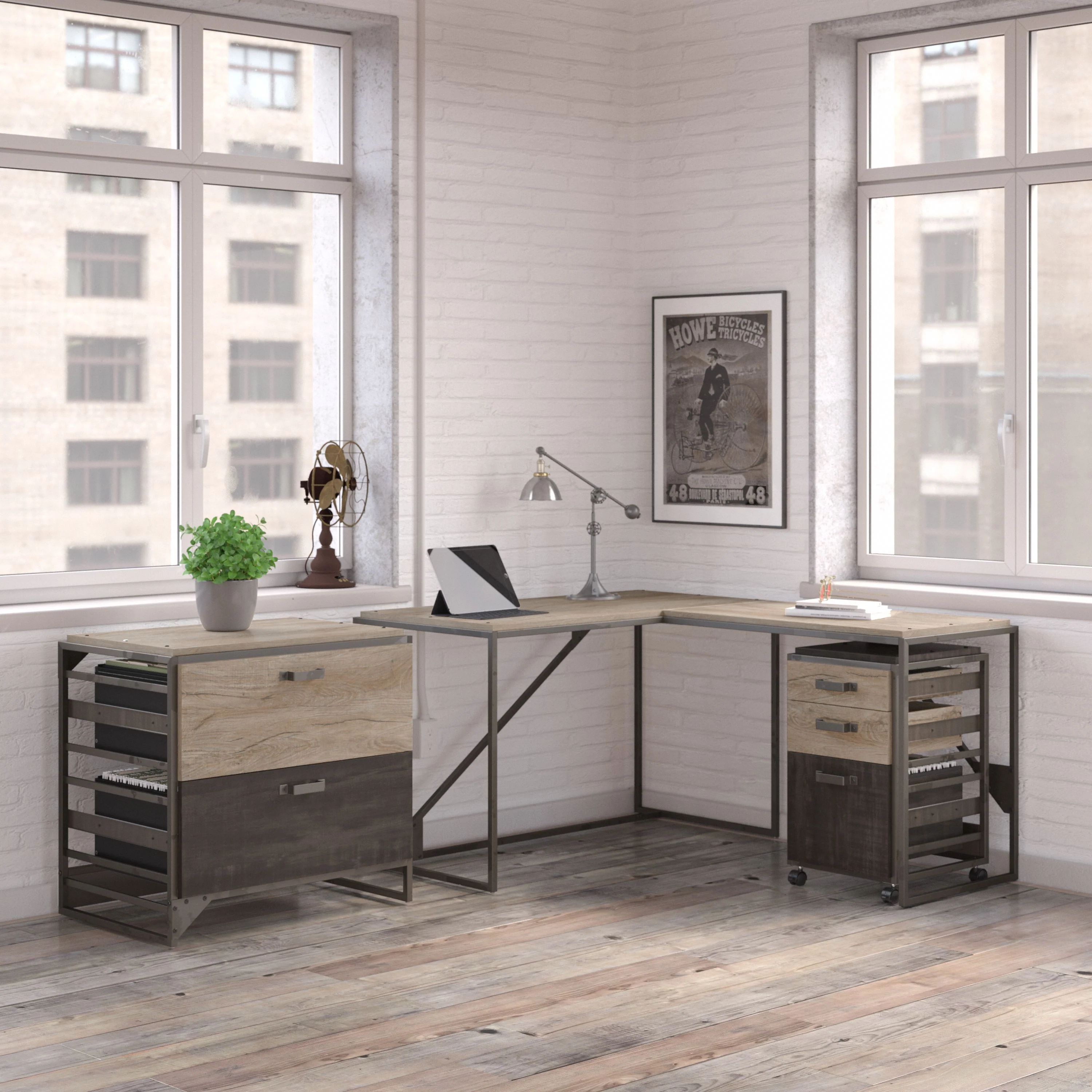 Refinery 50W L Shaped Industrial Desk with File Cabinets