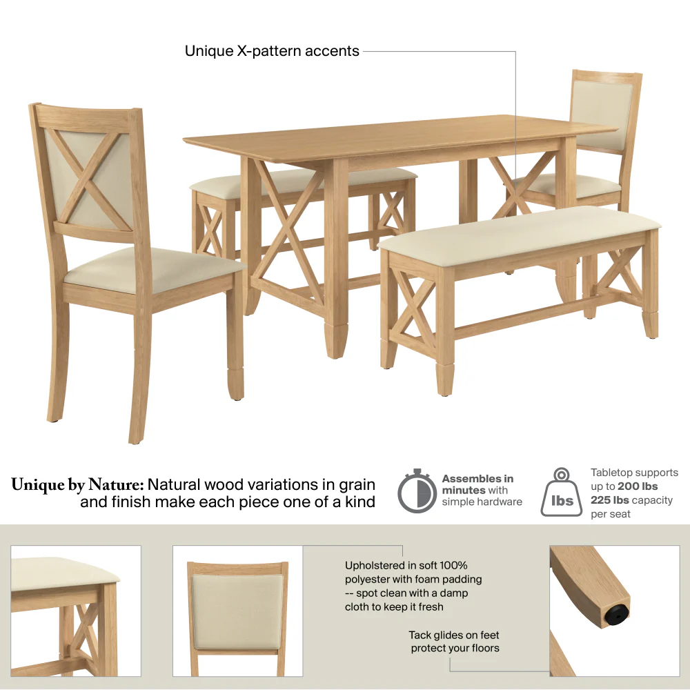 Bush Home Key West 70W Cross Base Dining Table with 4 Upholstered Cross Back Chairs and 1 Bench