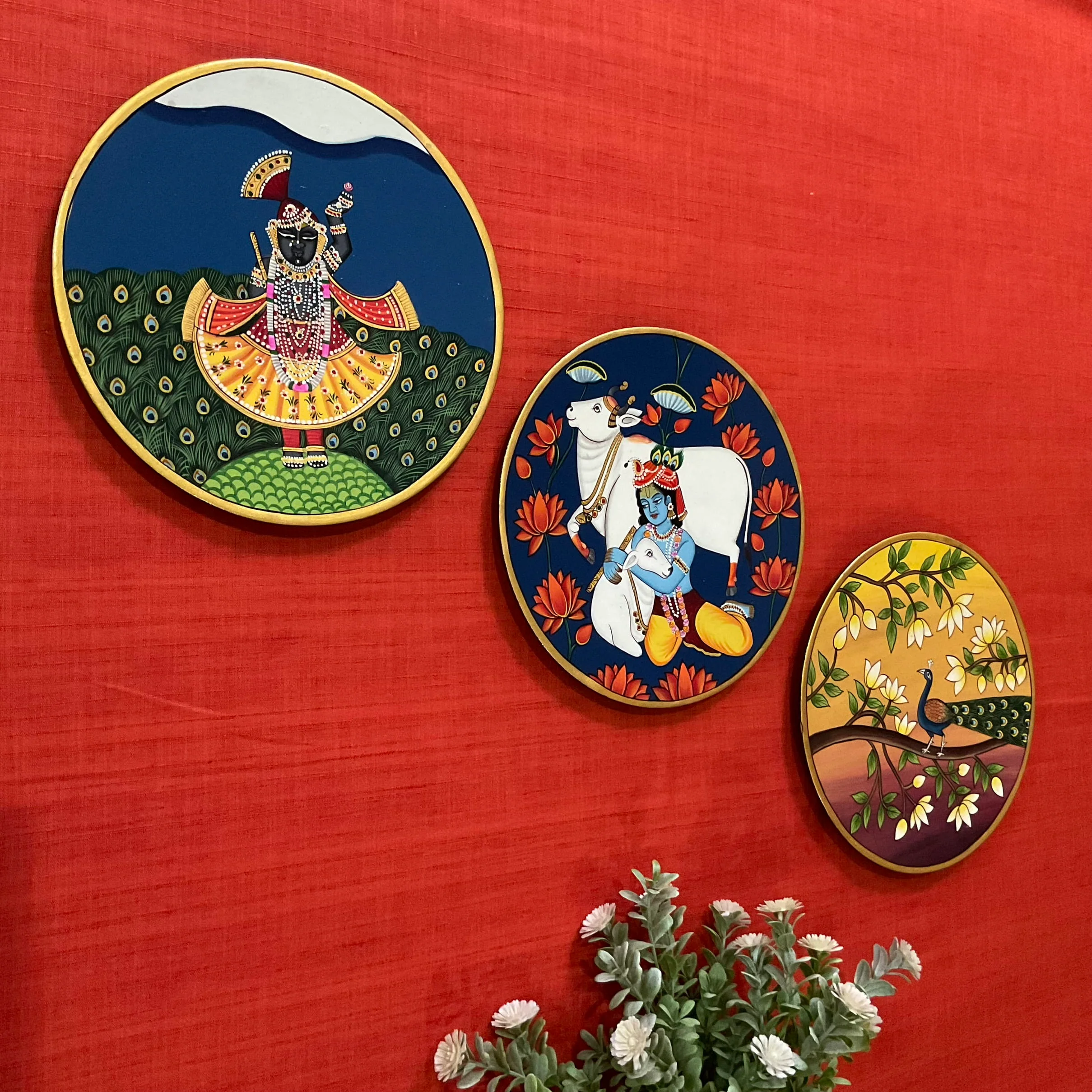 Krishna, Shrinathji Peacock Pichwai Wall Hanging - Decorative Round Plate