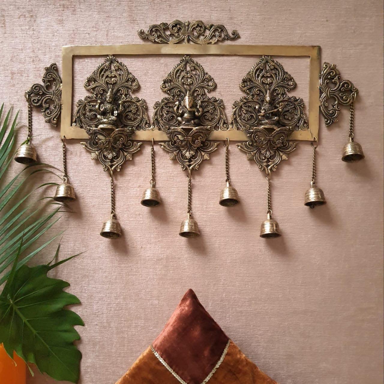 Lakshmi Ganesh Saraswati Hanging Bell - Brass Divine Wall Hanging - Festive Decor