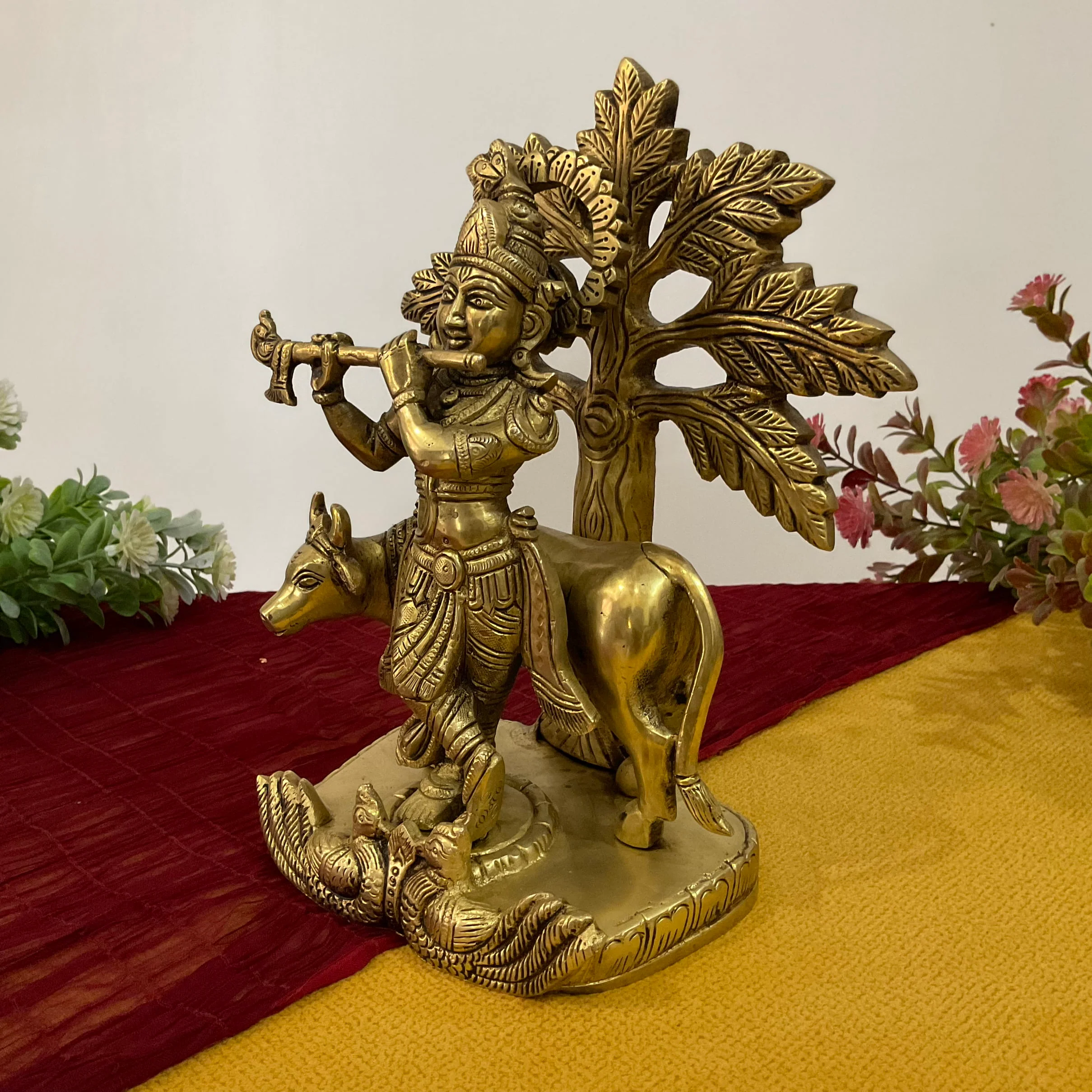 9 Inch Lord Krishna Cow Brass idol - Krishna Statue for Indian Decor