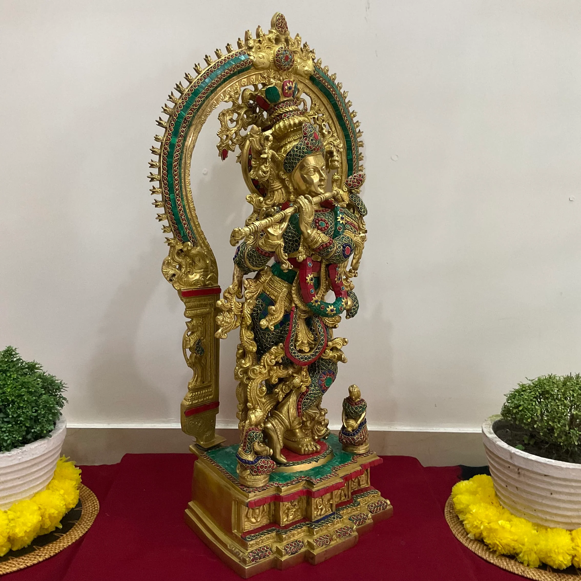 32 Inch Lord Krishna Idol, Brass Stonework - Large Krishna Statue For Home Entrance