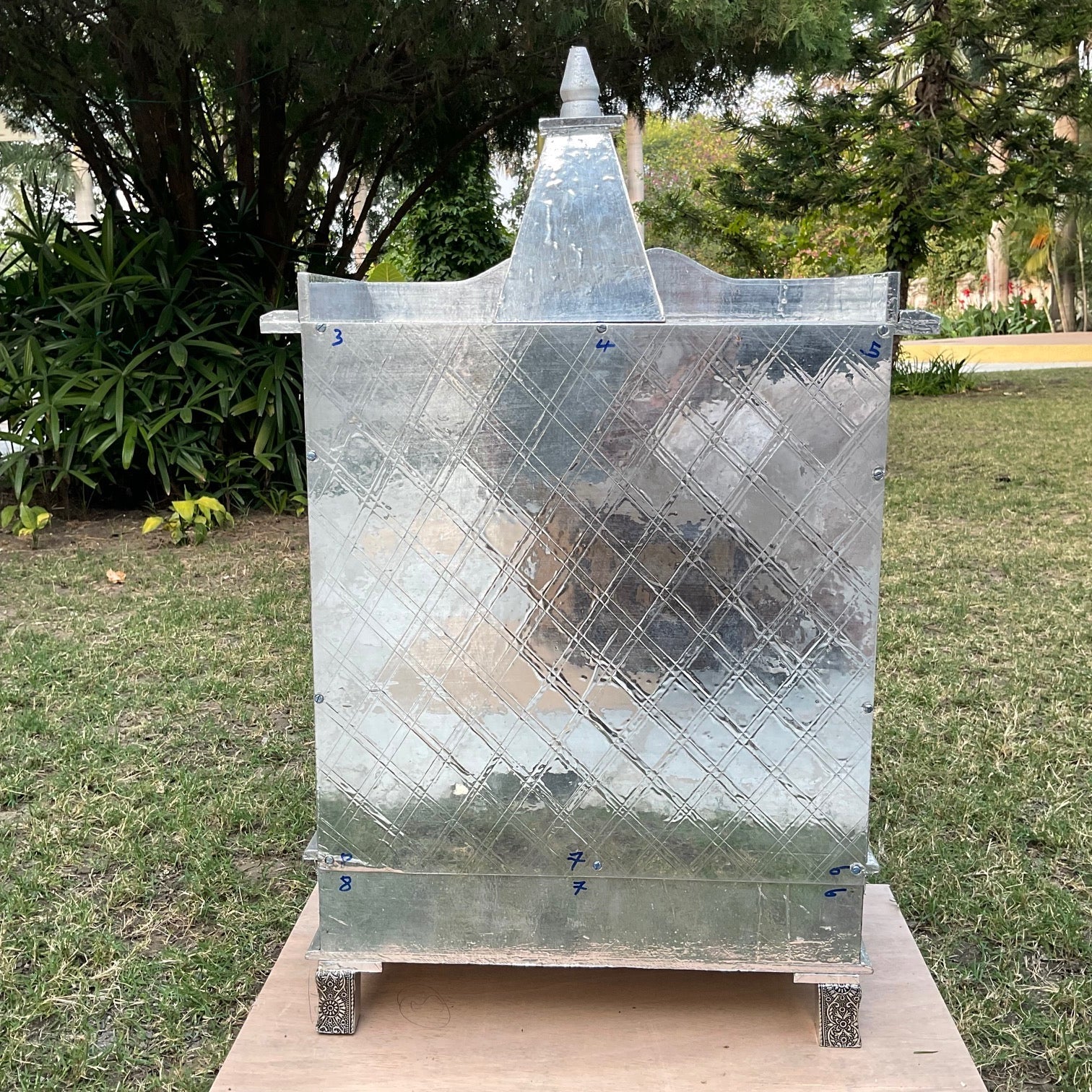 19 Inches Wooden Temple (Mandir) - Silver Oxidising