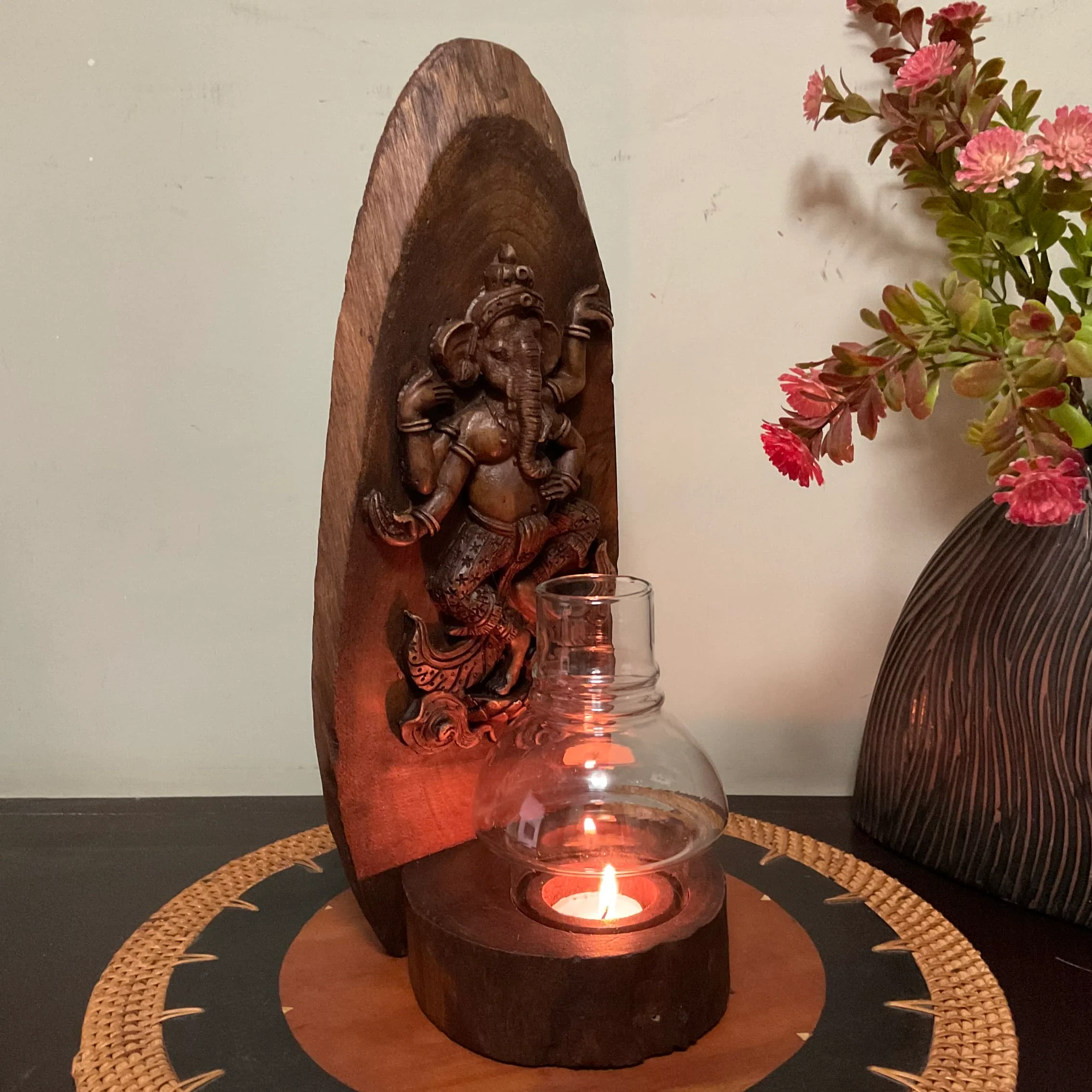 Dancing Ganesha Wooden Panel Tea Light - Wall Decor