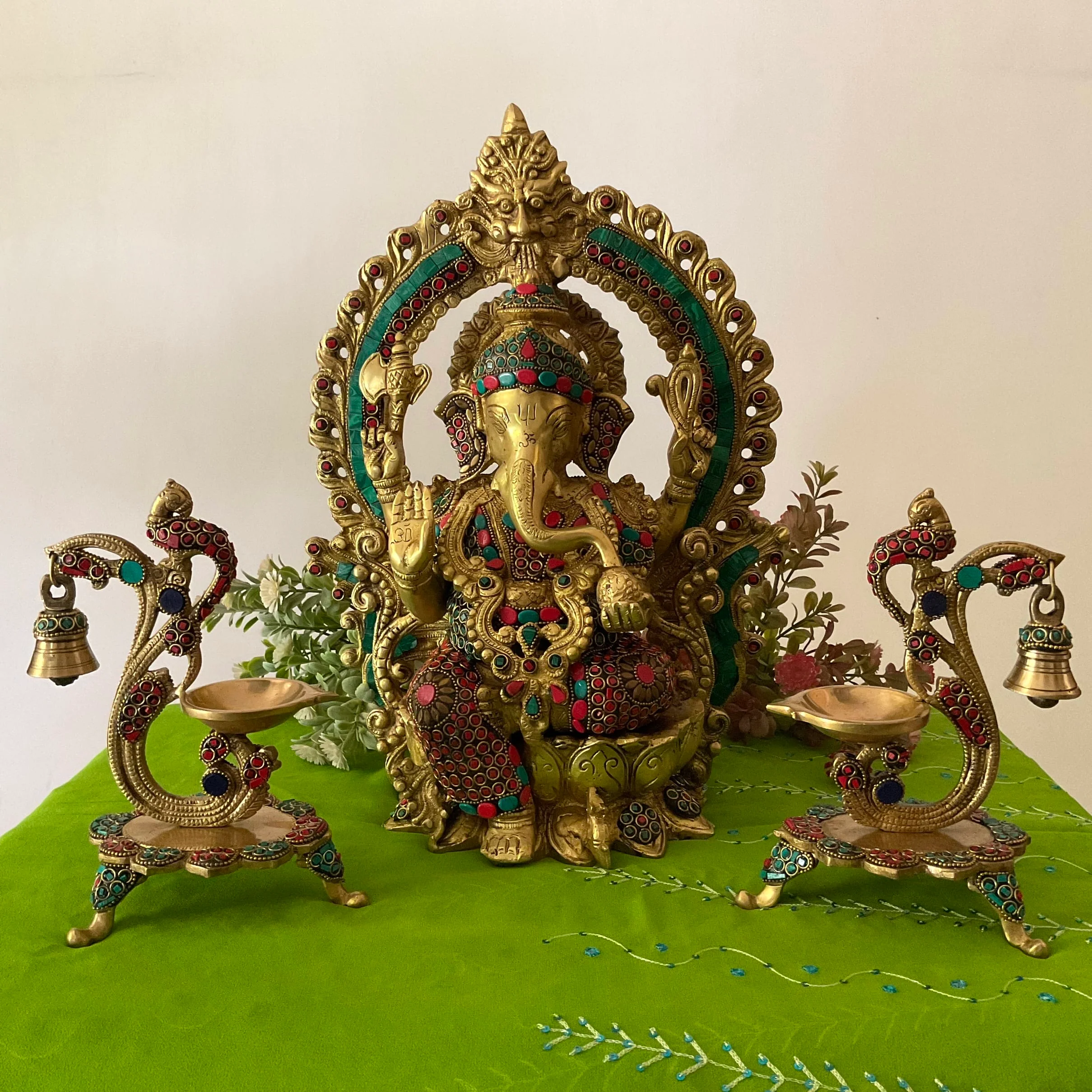 15 Inch Lord Ganesh Brass Idol Stonework And 7 Inch Peacock Diya With Bell Home Pooja Decor (Set of 3)