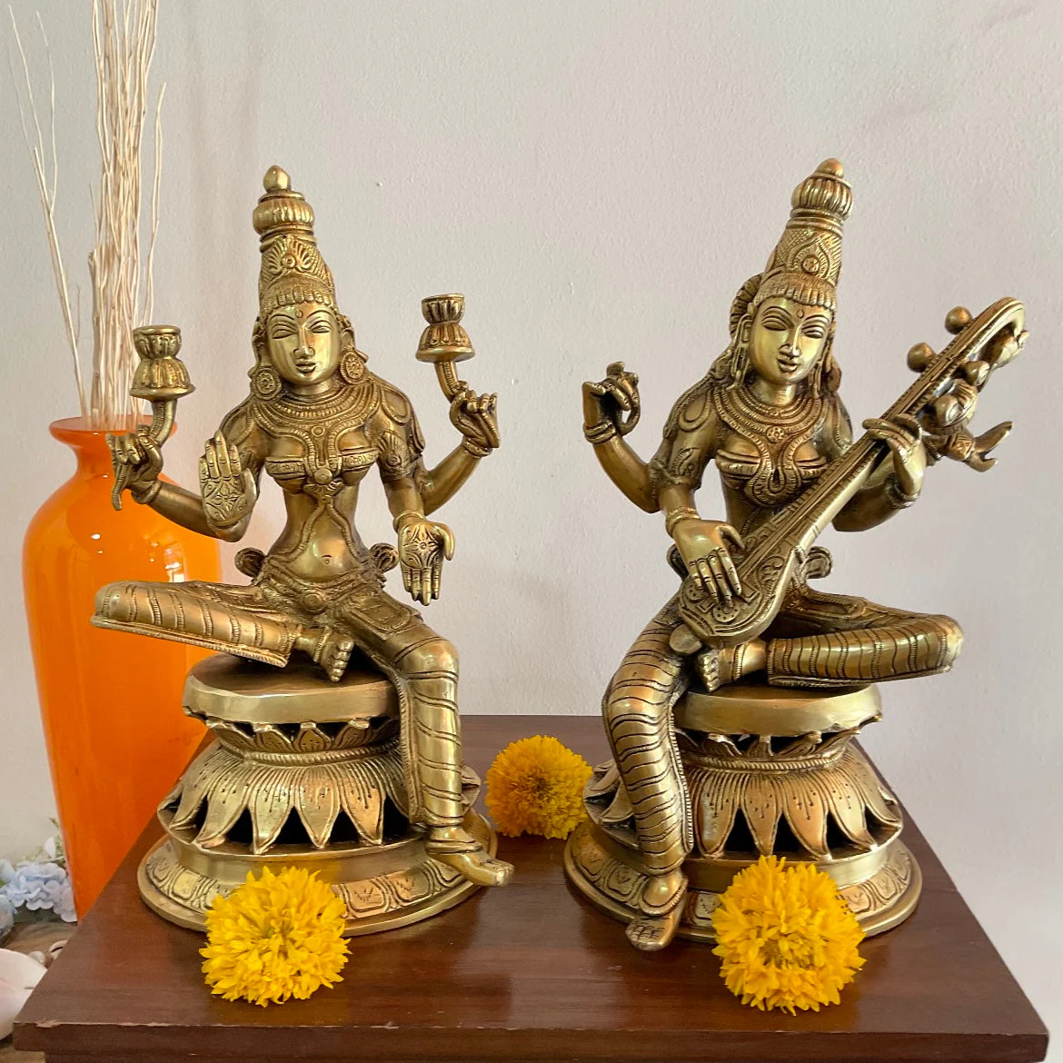 12 Inches Goddess Lakshmi & Saraswati Brass Idol (Set of 2) - Decorative Statue Home Decor
