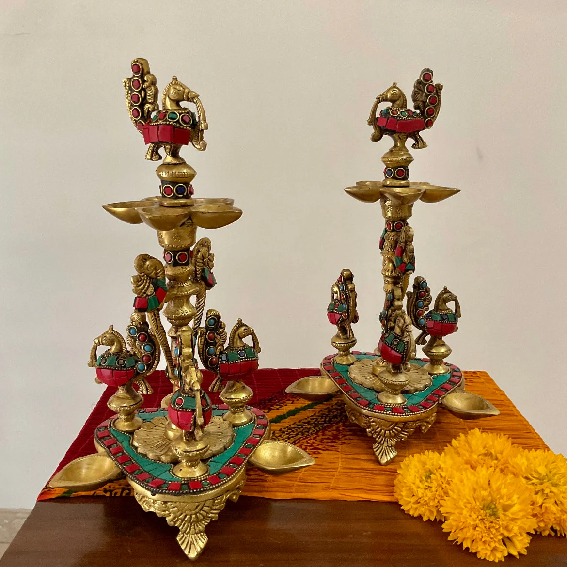 Brass Diya Lamp With Stonework: Annam Peacock (Set of 2) For Home Festive Decor