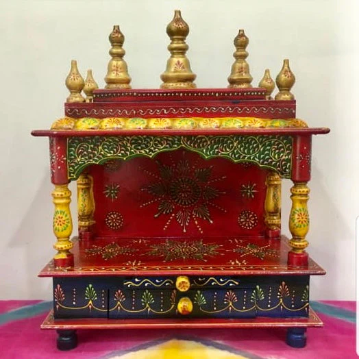 15 Inches Wooden Temple (Mandir) Yellow Red Combo - Open Design