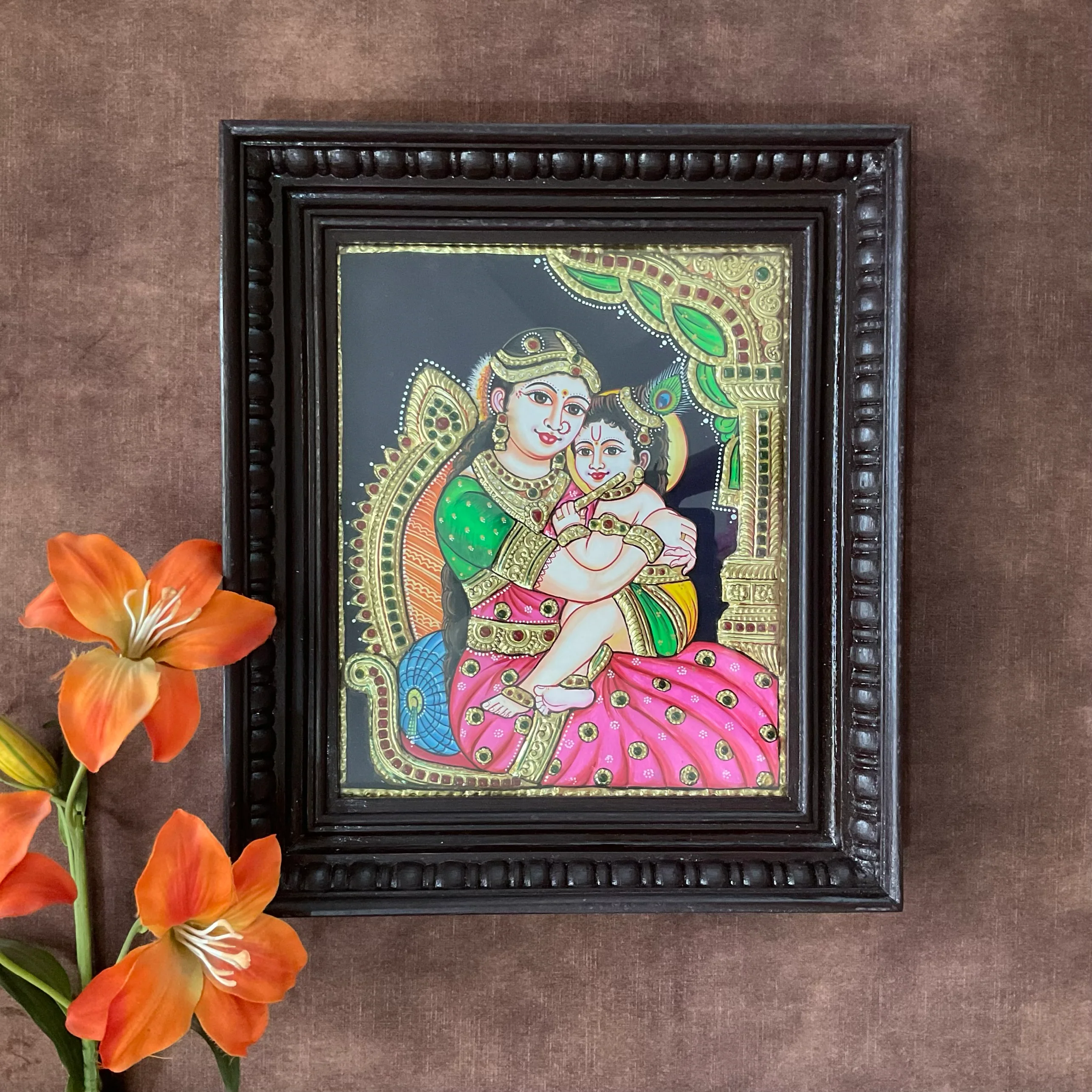 Baby Krishna Yashoda Ma Tanjore Painting - Traditional Wall Art