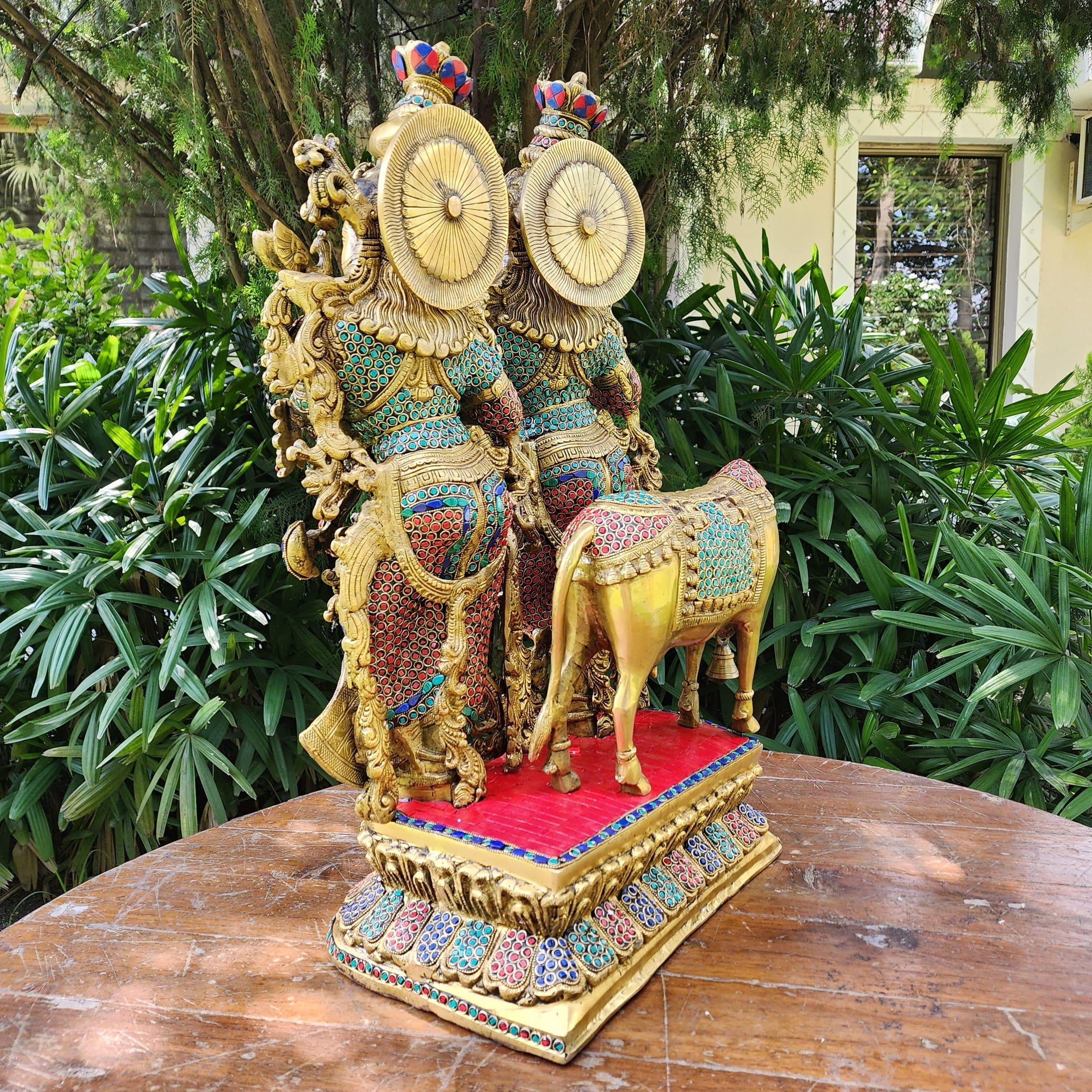 28 Inch Radha Krishna With Cow Brass Stonework Statue Idol