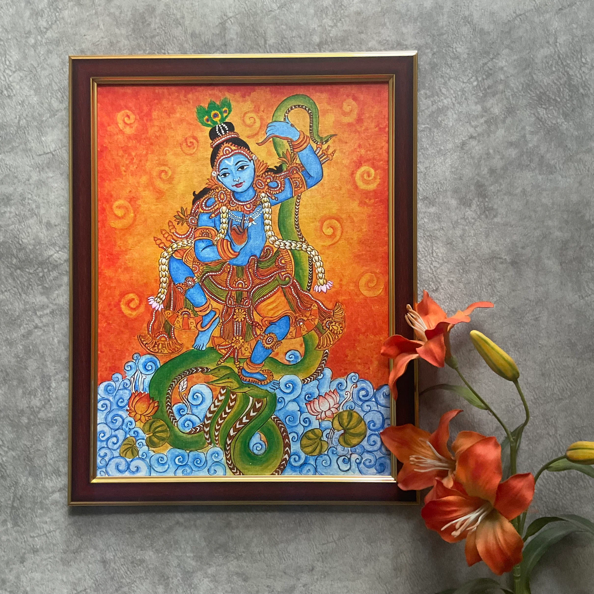 Lord Krishna Dancing On Snake Kerala Mural - Handpainted Wall Decor