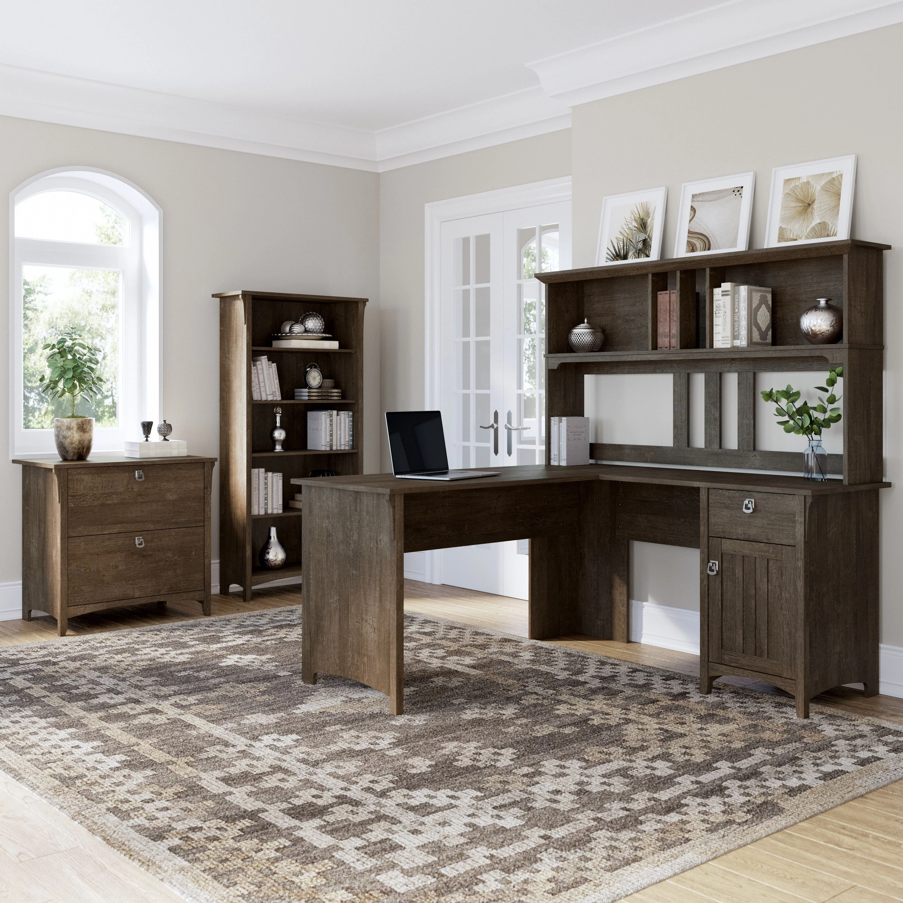 Salinas 60W L Shaped Desk with Hutch, Lateral File Cabinet and 5 Shelf Bookcase