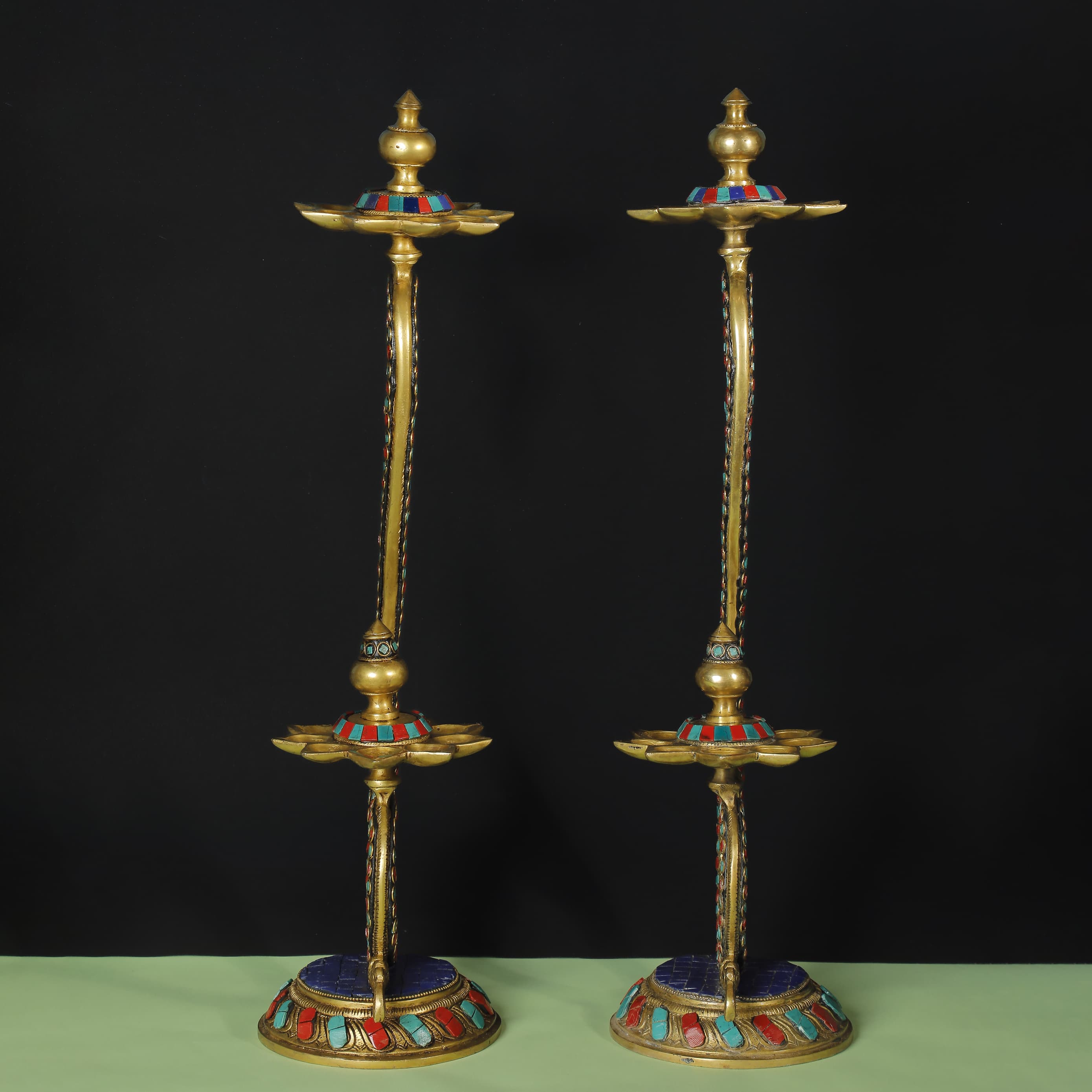 20 Inches Handmade Standing Brass Diya Lamp With Stonework (Set of 2)