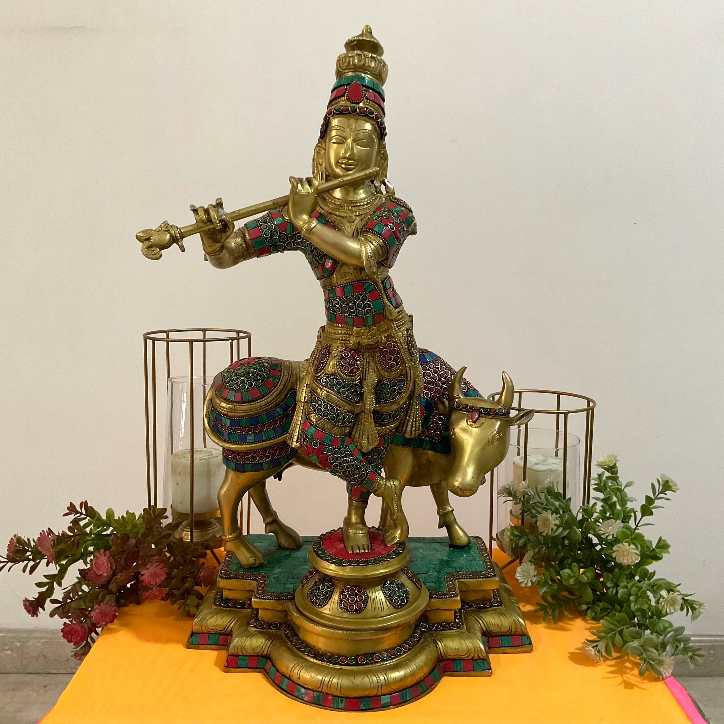 Lord Krishna Cow idol, 25 Inch Large Brass Stonework Statue for Home