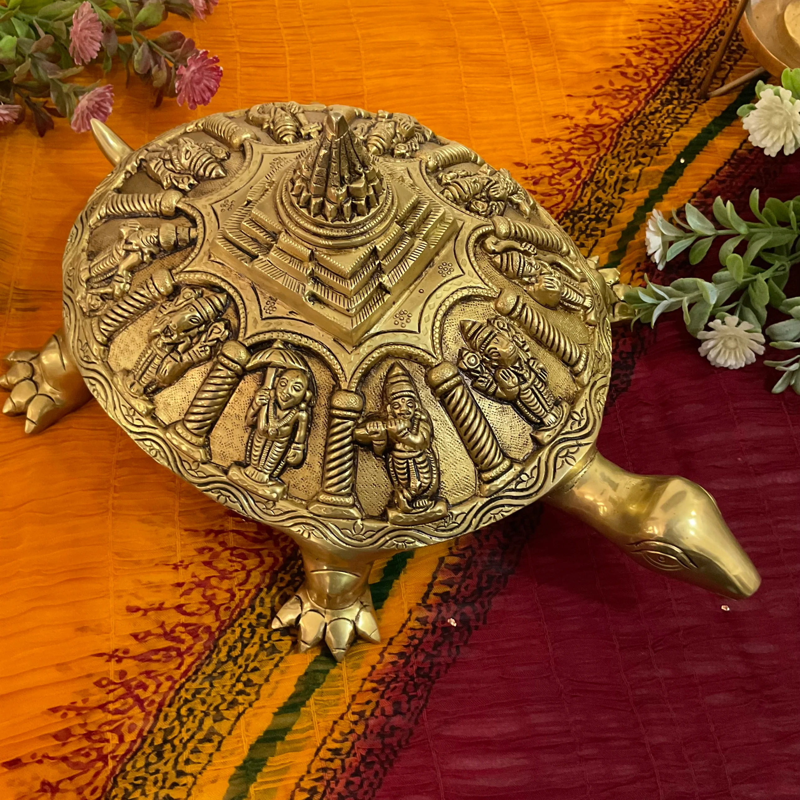 Tortoise With Dashavatar Shri Yantra Brass Idol - Decorative Figurine