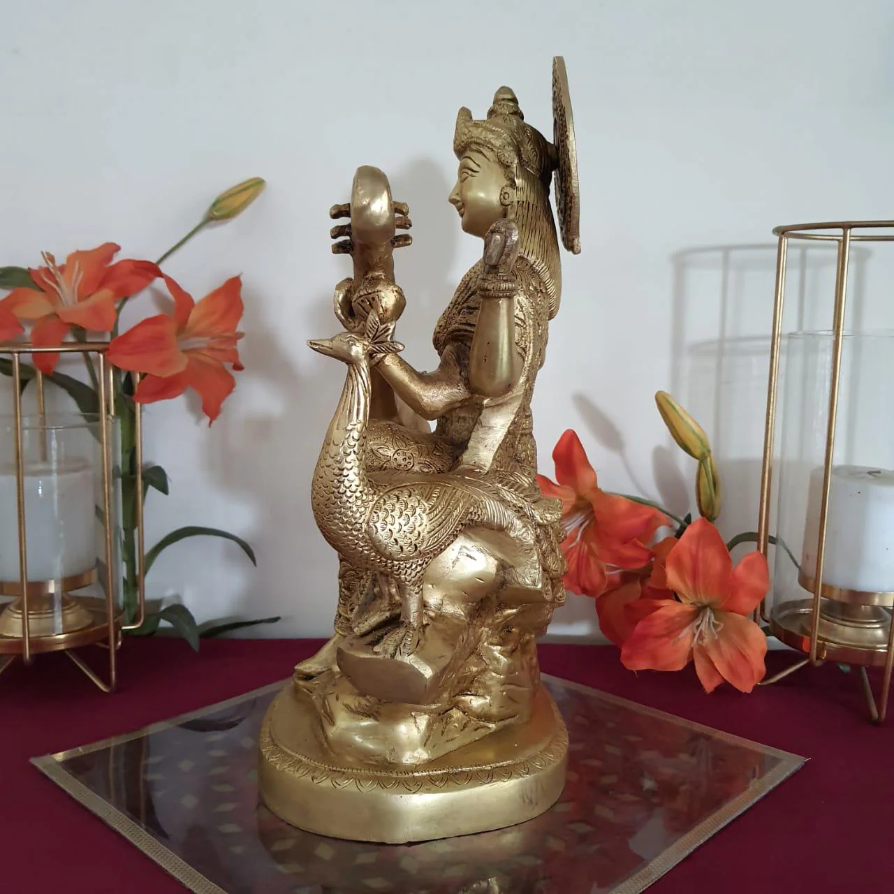 15 Inches Goddess Saraswati Brass Idol - Decorative Statue